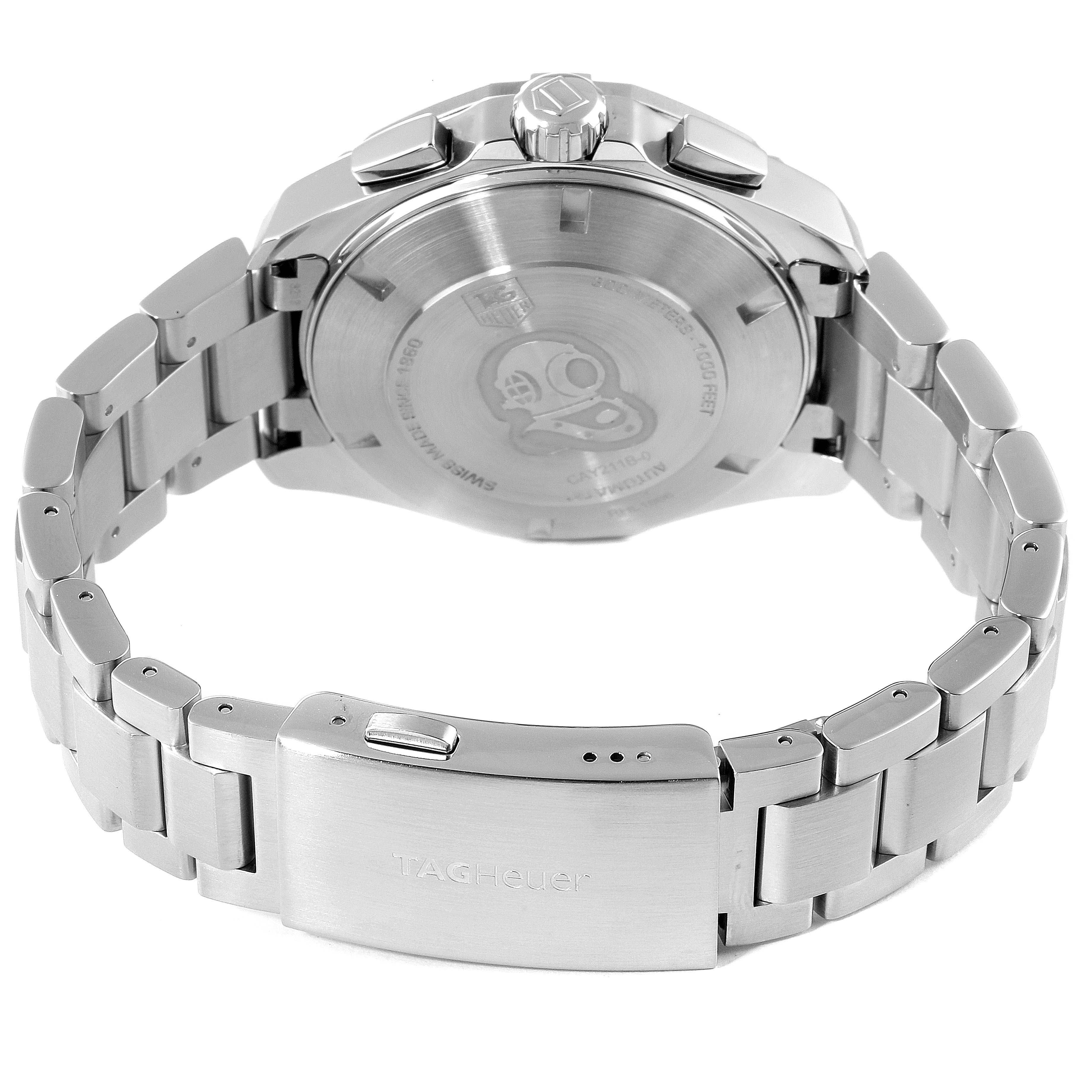 The image shows a rear view of the Tag Heuer Aquaracer CAY211B.BA0927 Men's Stainless Steel Blue Dial CAY211B.BA0927 Men's Stainless Steel Blue Dial watch displaying its case back, crown, and metal bracelet with a clasp.