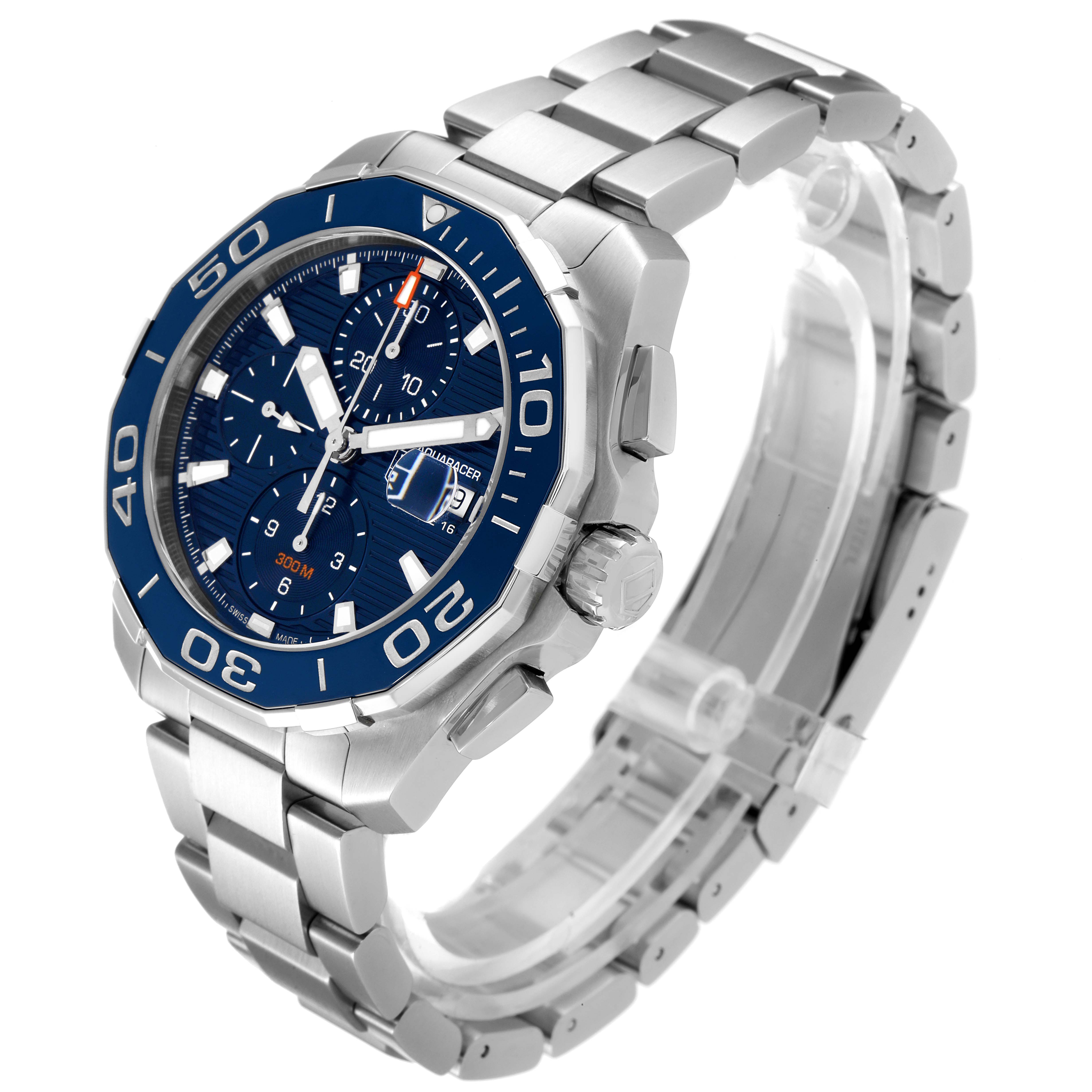 The Tag Heuer Aquaracer CAY211B.BA0927 Men's Stainless Steel Blue Dial CAY211B.BA0927 Men's Stainless Steel Blue Dial watch is shown at a three-quarter angle displaying its face, bezel, bracelet, and crown.