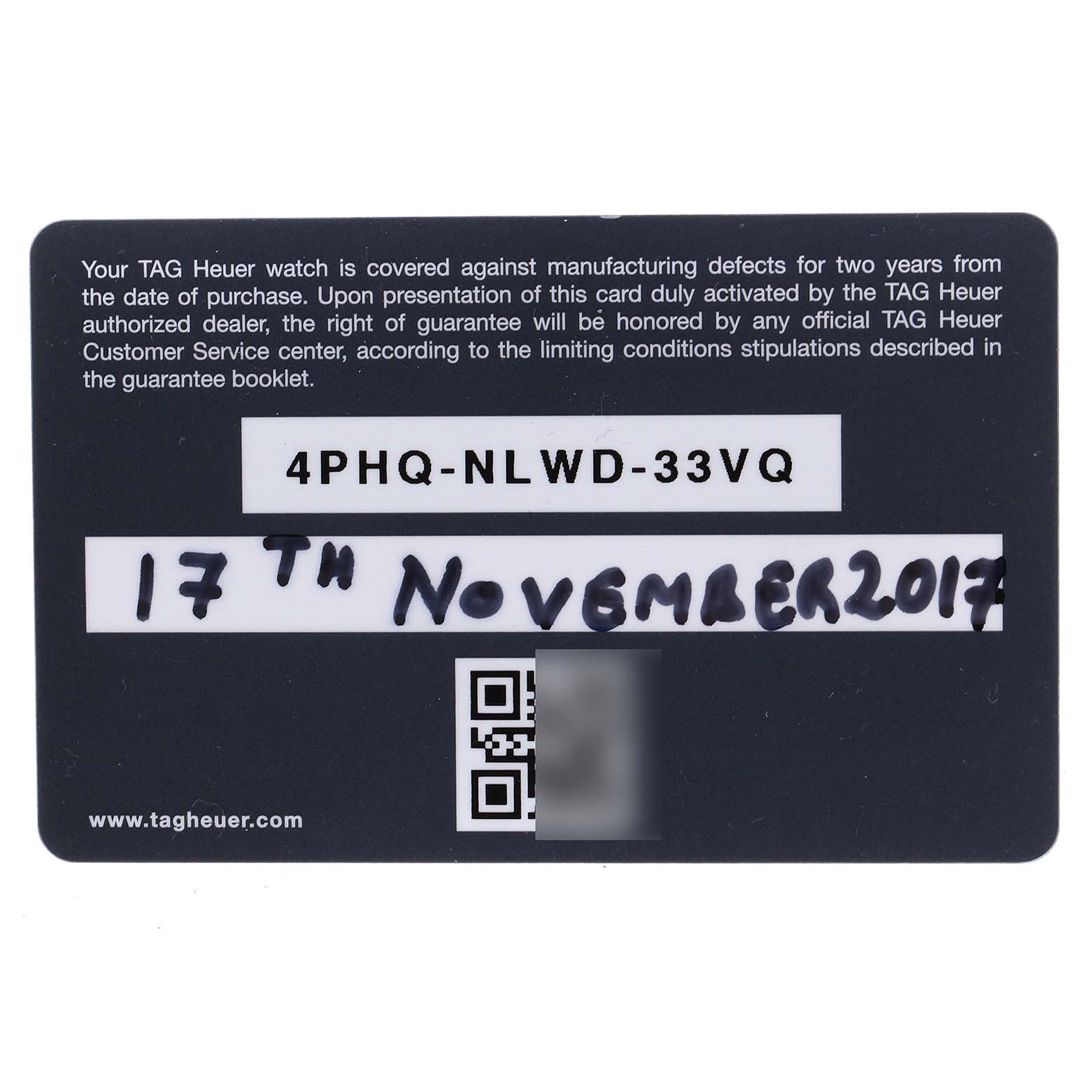 This is a warranty card for the Tag Heuer Aquaracer CAY211B.BA0927 Men's Stainless Steel Blue Dial CAY211B.BA0927 Men's Stainless Steel Blue Dial model, showing the serial number and purchase date.