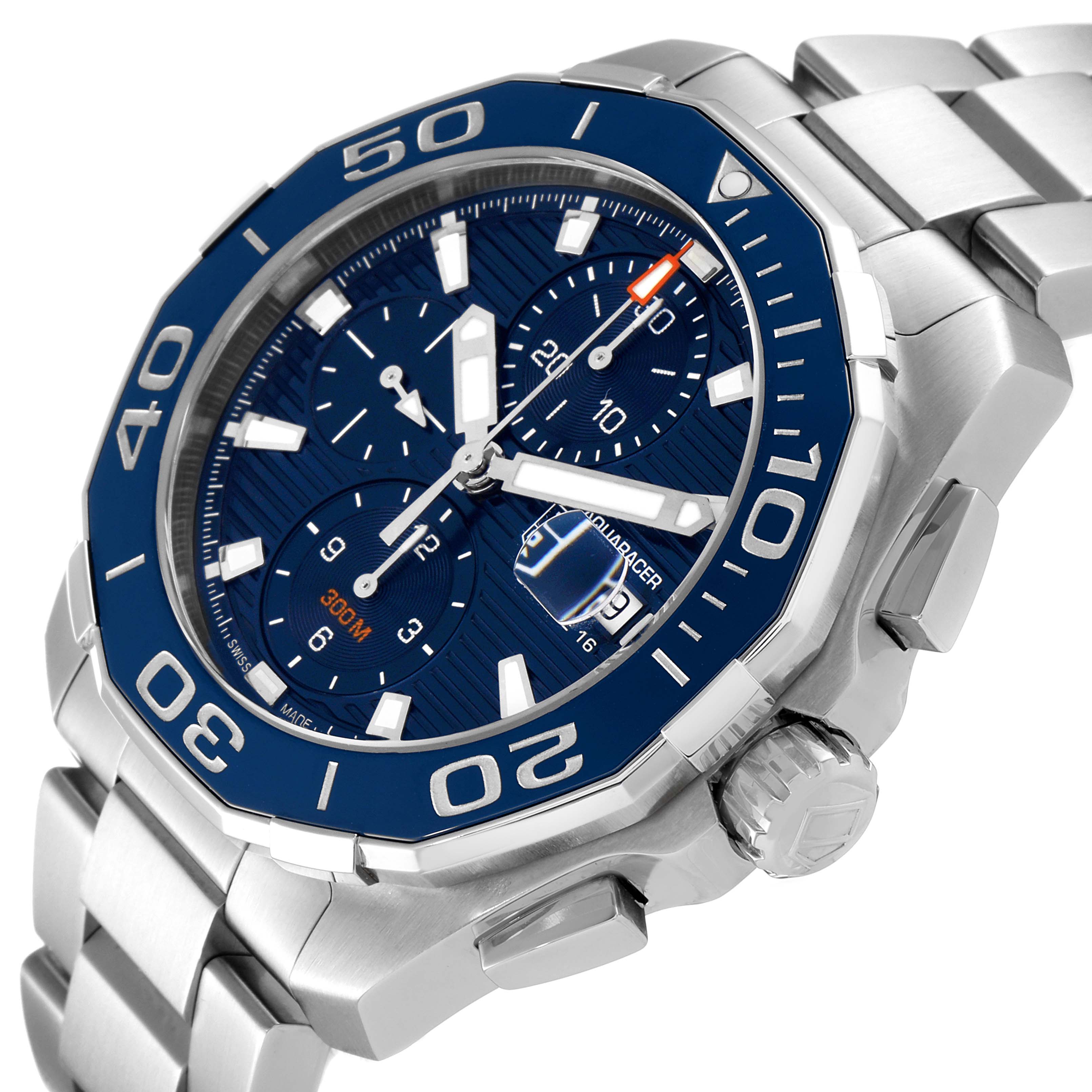 The Tag Heuer Aquaracer CAY211B.BA0927 Men's Stainless Steel Blue Dial CAY211B.BA0927 Men's Stainless Steel Blue Dial watch is shown at an angled close-up, displaying the bezel, dial, and part of the bracelet.
