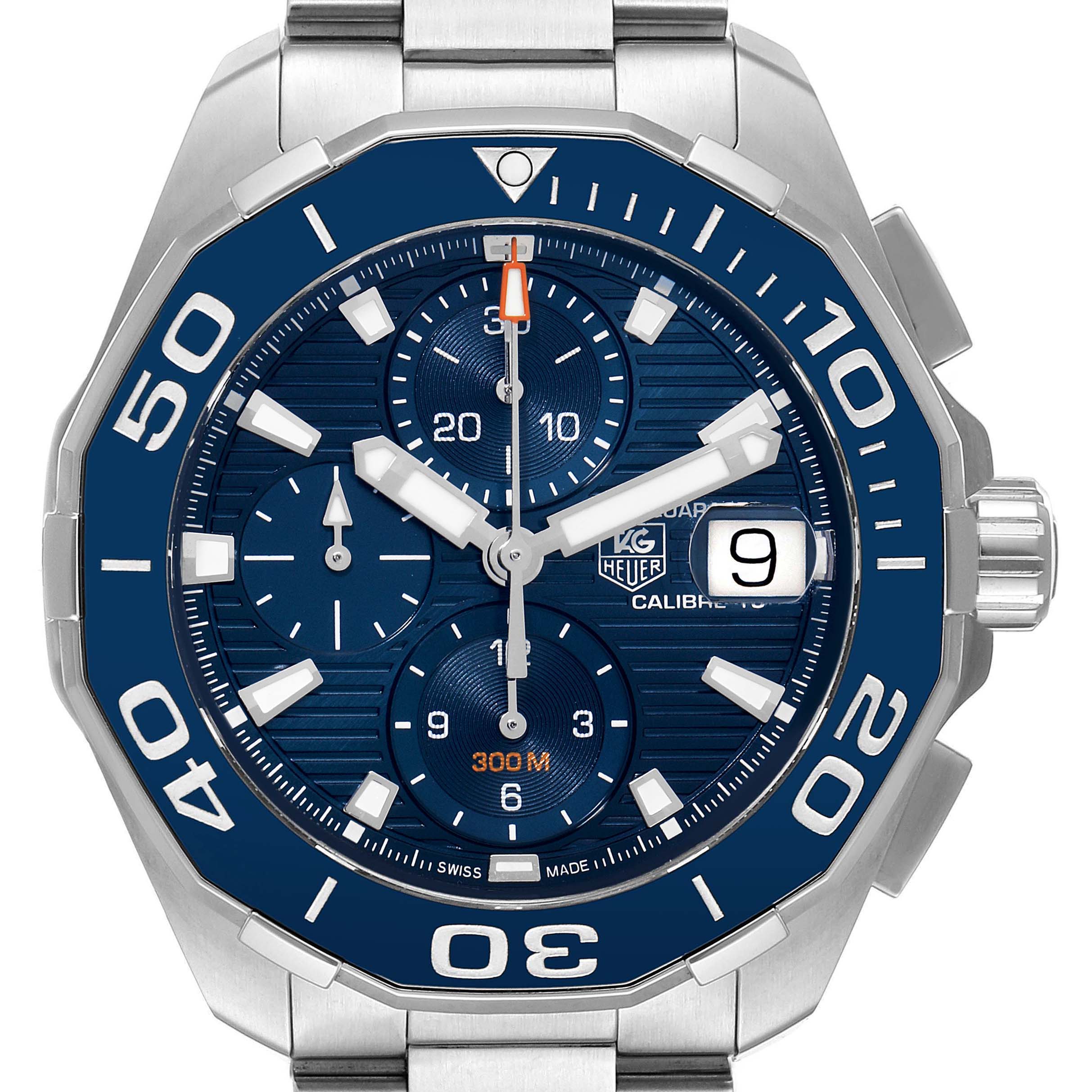 Front view of the Tag Heuer Aquaracer CAY211B.BA0927 Men's Stainless Steel Blue Dial CAY211B.BA0927 Men's Stainless Steel Blue Dial watch showing its blue dial, subdials, date window, and metal bracelet.