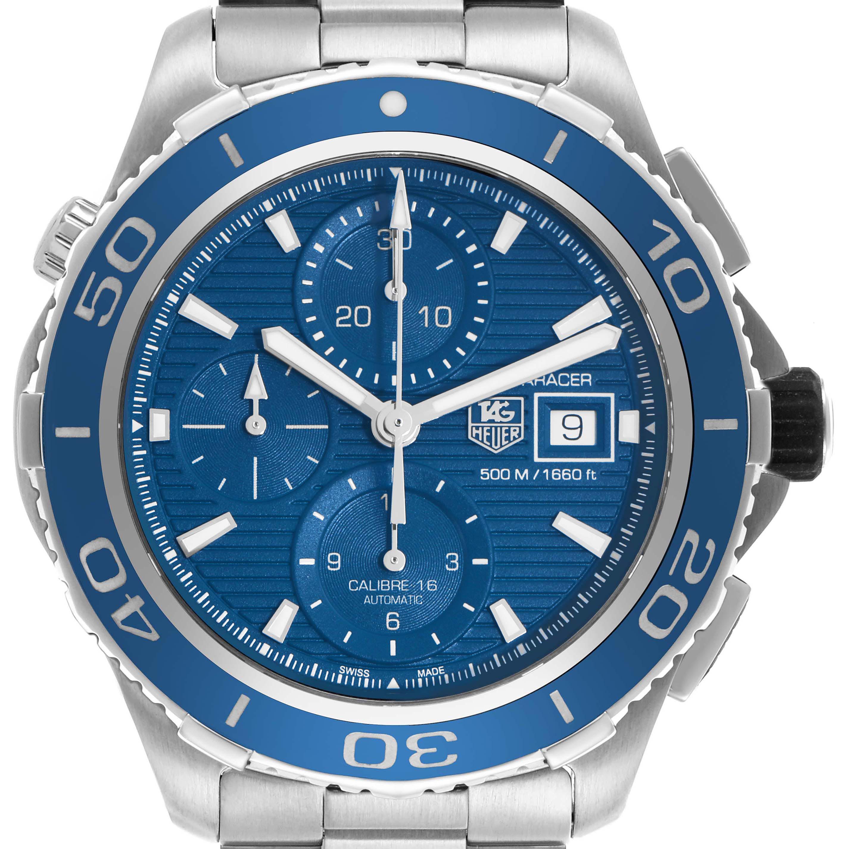 The Tag Heuer Aquaracer CAK2112.BA0833 Men's Stainless Steel Blue Dial CAK2112.BA0833 Men's Stainless Steel Blue Dial is shown from a front angle, highlighting its blue dial, subdials, date window, and bezel.