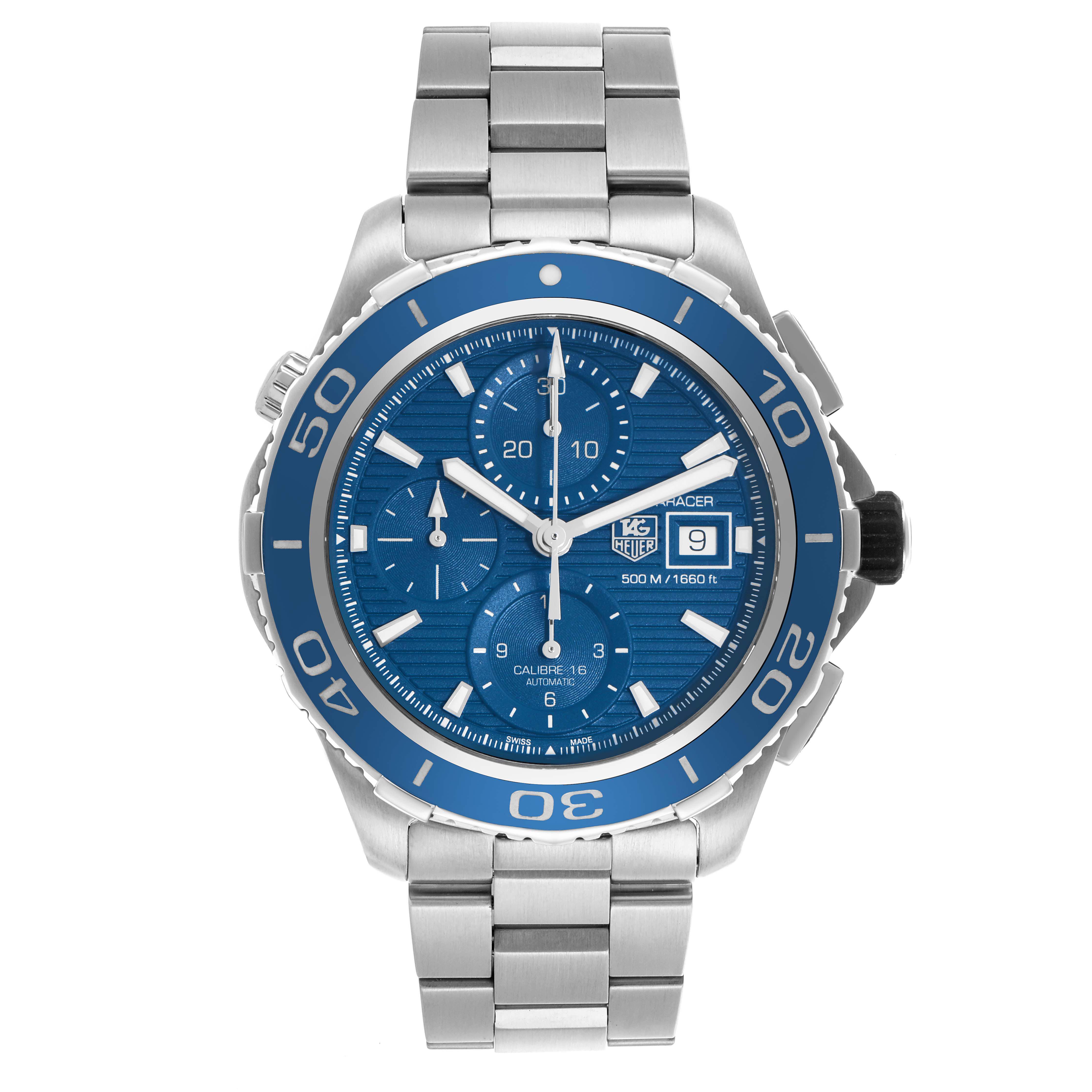 The image shows a front view of the Tag Heuer Aquaracer CAK2112.BA0833 Men's Stainless Steel Blue Dial CAK2112.BA0833 Men's Stainless Steel Blue Dial watch, highlighting its blue dial, bezel, and metal bracelet.