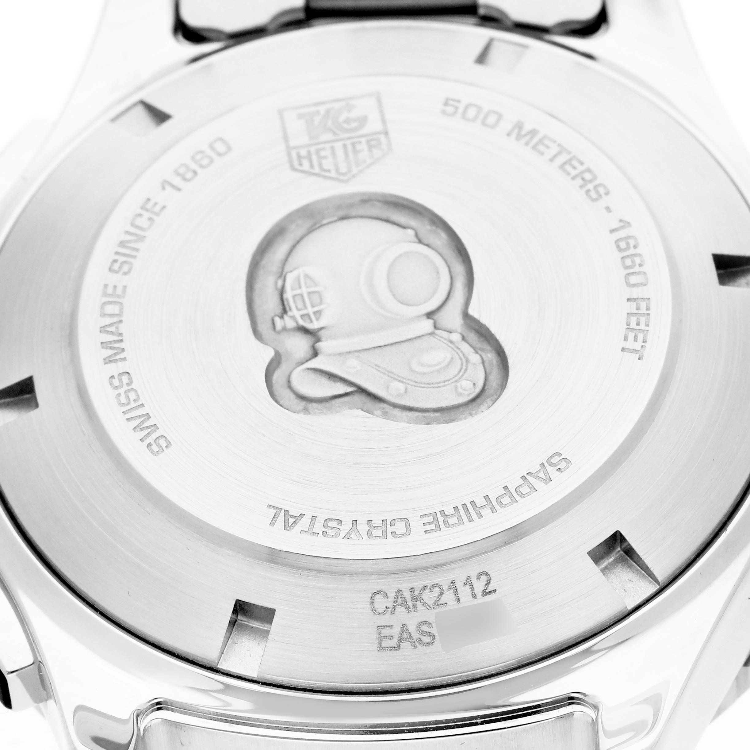 The image shows the back case of the Tag Heuer Aquaracer CAK2112.BA0833 Men's Stainless Steel Blue Dial CAK2112.BA0833 Men's Stainless Steel Blue Dial watch, highlighting the brand logo and water resistance details.