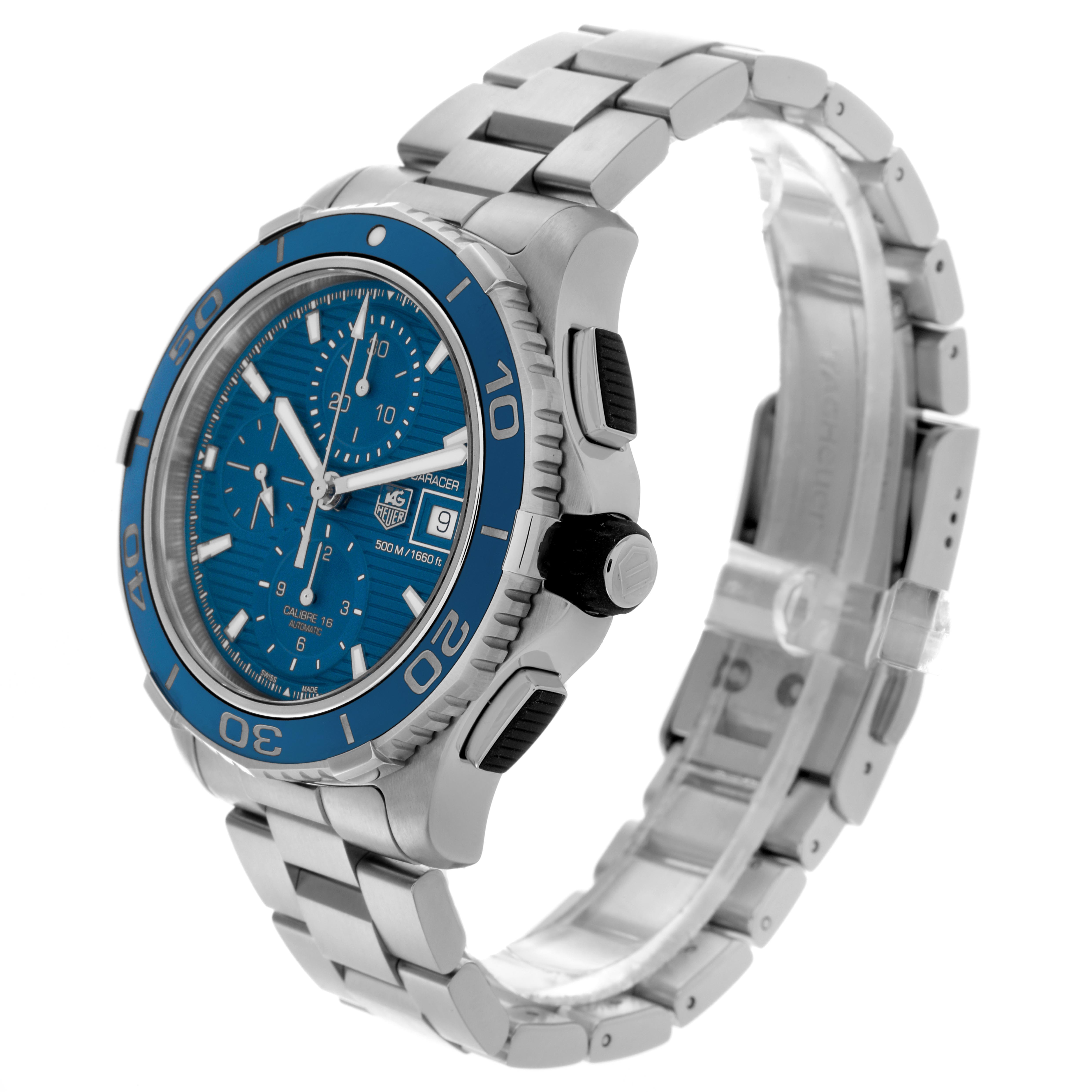 The Tag Heuer Aquaracer CAK2112.BA0833 Men's Stainless Steel Blue Dial CAK2112.BA0833 Men's Stainless Steel Blue Dial watch is shown at a three-quarter angle, highlighting the bezel, dial, and bracelet.