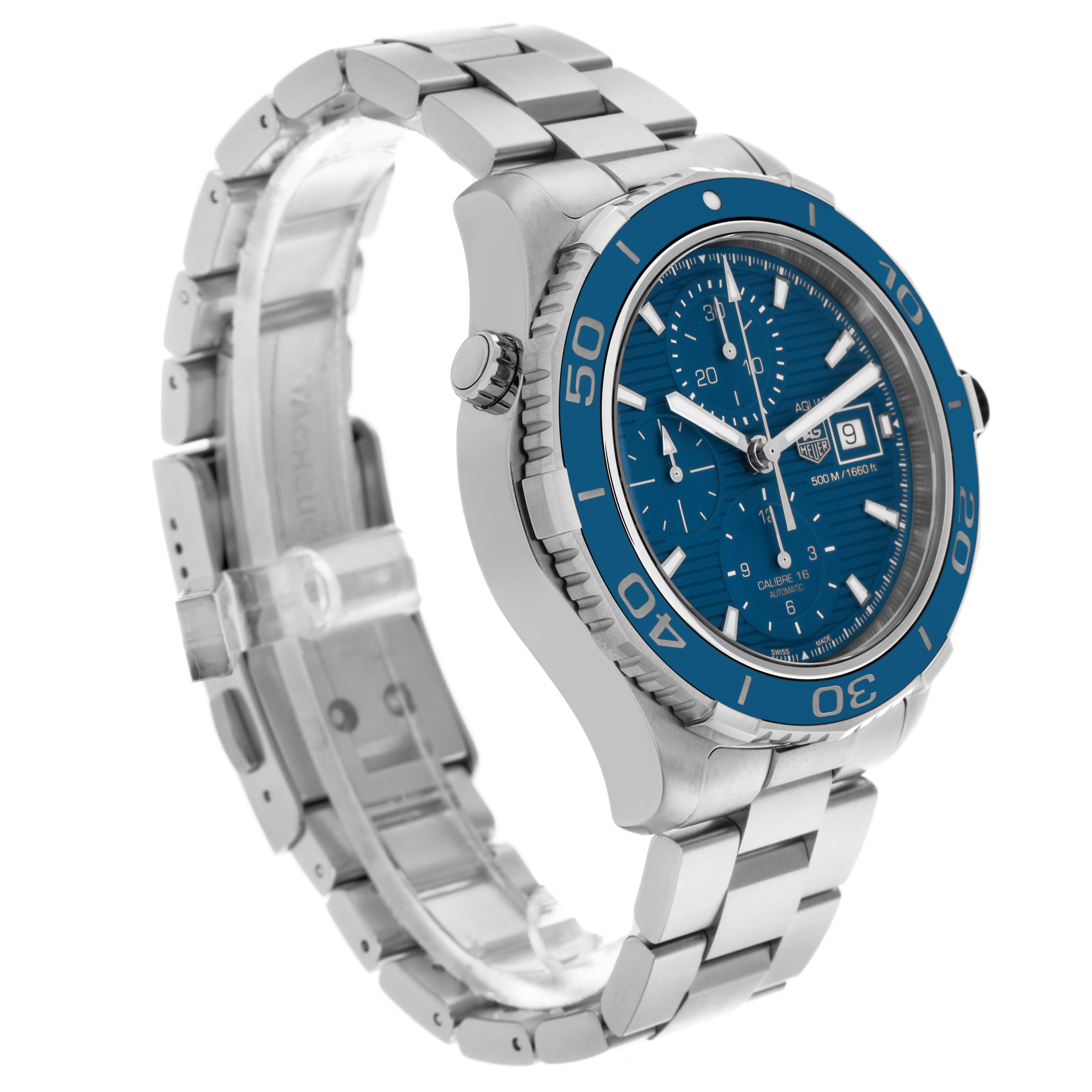 The Tag Heuer Aquaracer CAK2112.BA0833 Men's Stainless Steel Blue Dial CAK2112.BA0833 Men's Stainless Steel Blue Dial watch is shown at a three-quarter angle, highlighting its blue dial, bezel, and stainless steel bracelet.