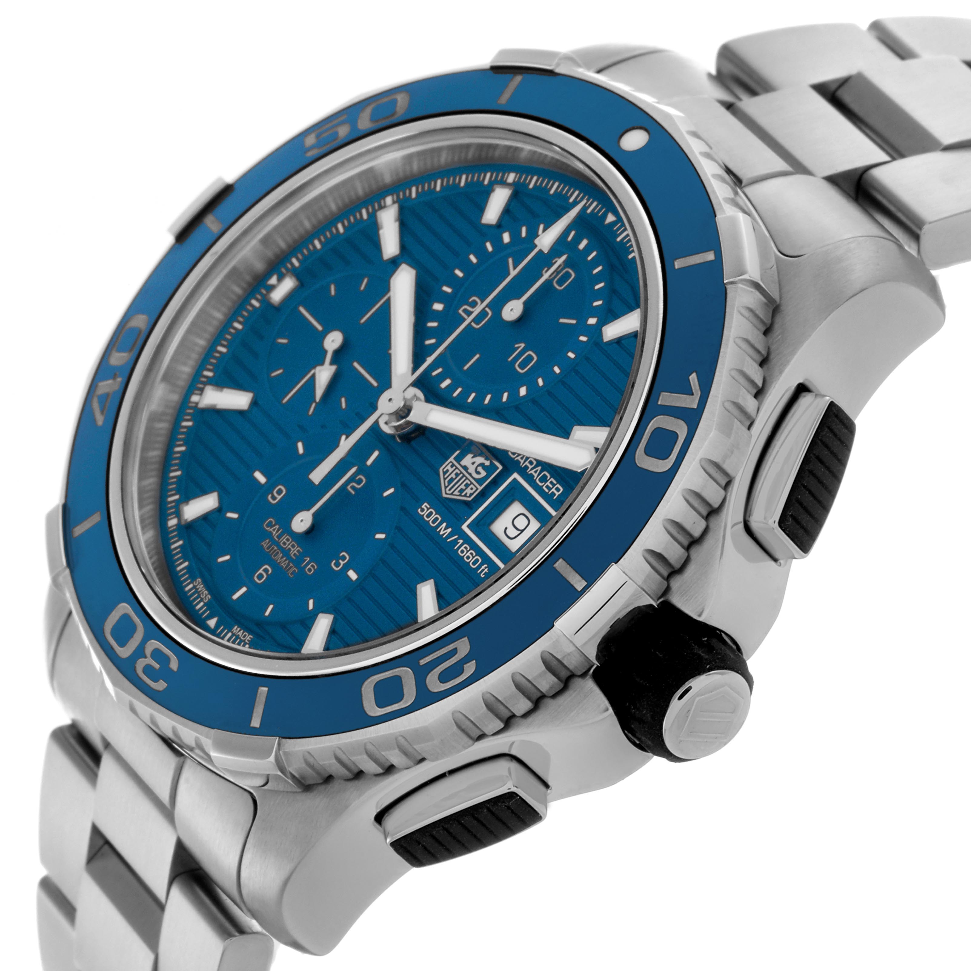 The Tag Heuer Aquaracer CAK2112.BA0833 Men's Stainless Steel Blue Dial CAK2112.BA0833 Men's Stainless Steel Blue Dial watch is shown at an angle highlighting the blue dial, bezel, and part of the stainless steel bracelet.