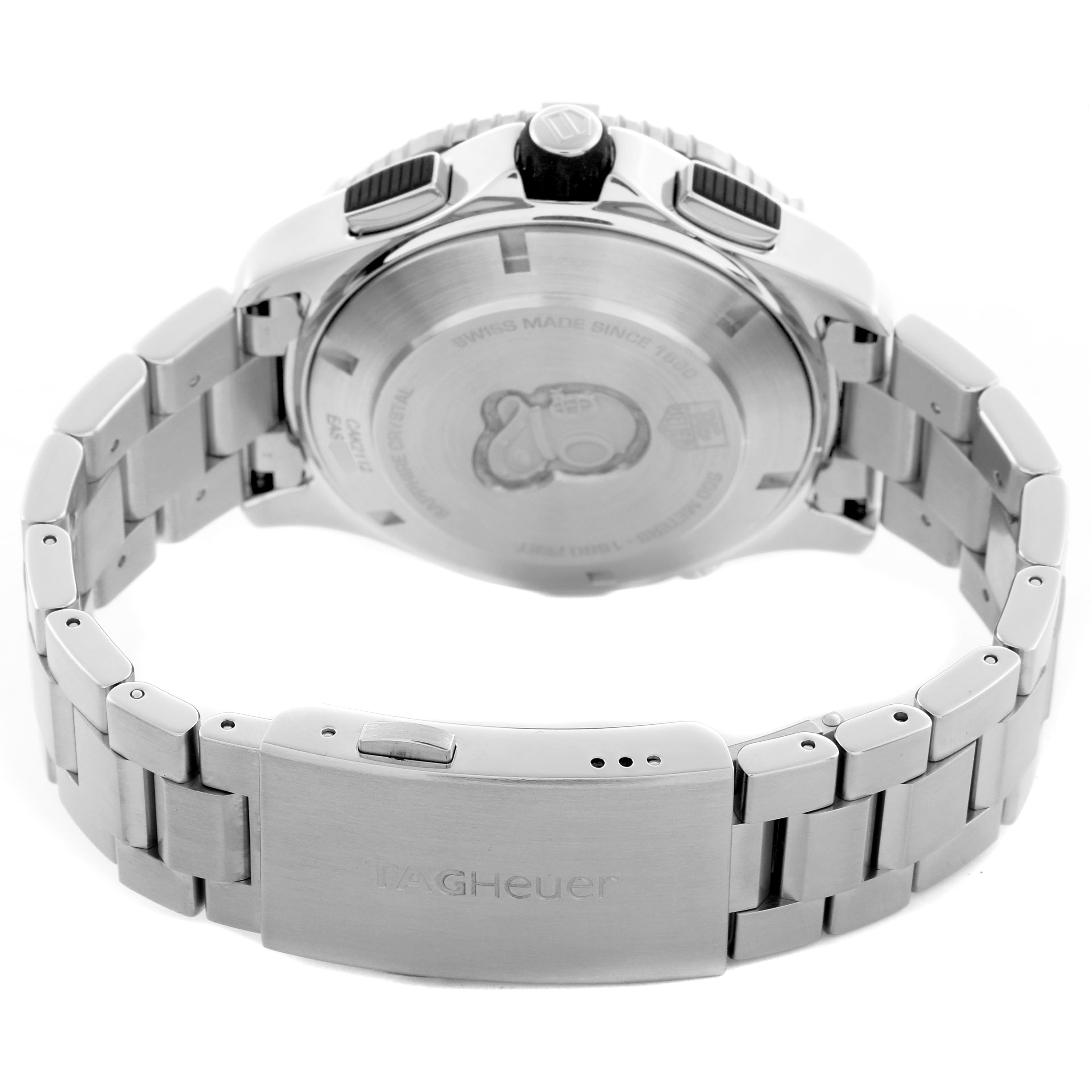 The image shows the back of a Tag Heuer Aquaracer CAK2112.BA0833 Men's Stainless Steel Blue Dial CAK2112.BA0833 Men's Stainless Steel Blue Dial watch, highlighting the case back and bracelet clasp.