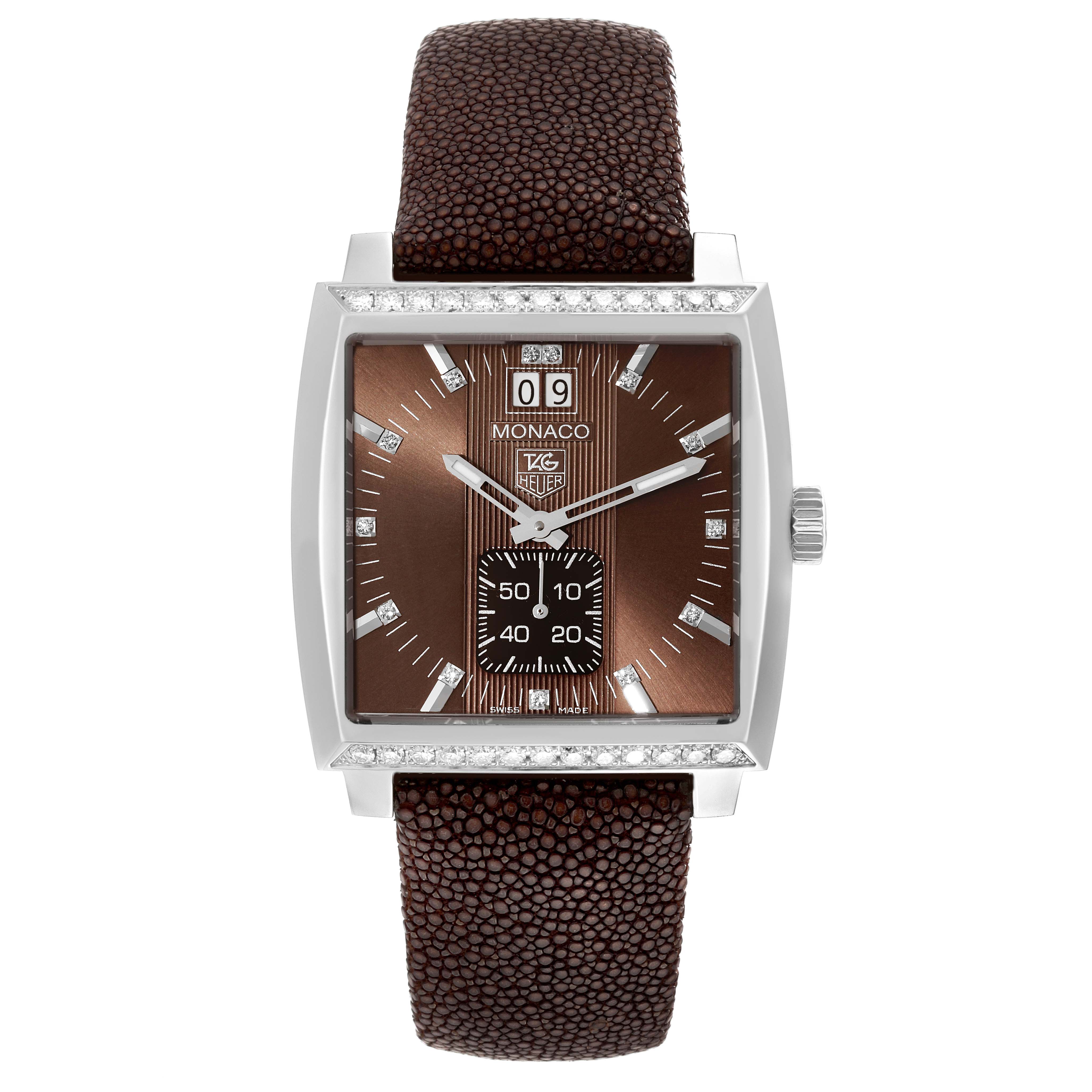 The image shows a front view of the Tag Heuer Monaco WAW1316 Women's Stainless Steel Brown Dial WAW1316 Women's Stainless Steel Brown Dial watch, highlighting the dial, case, crown, and strap.