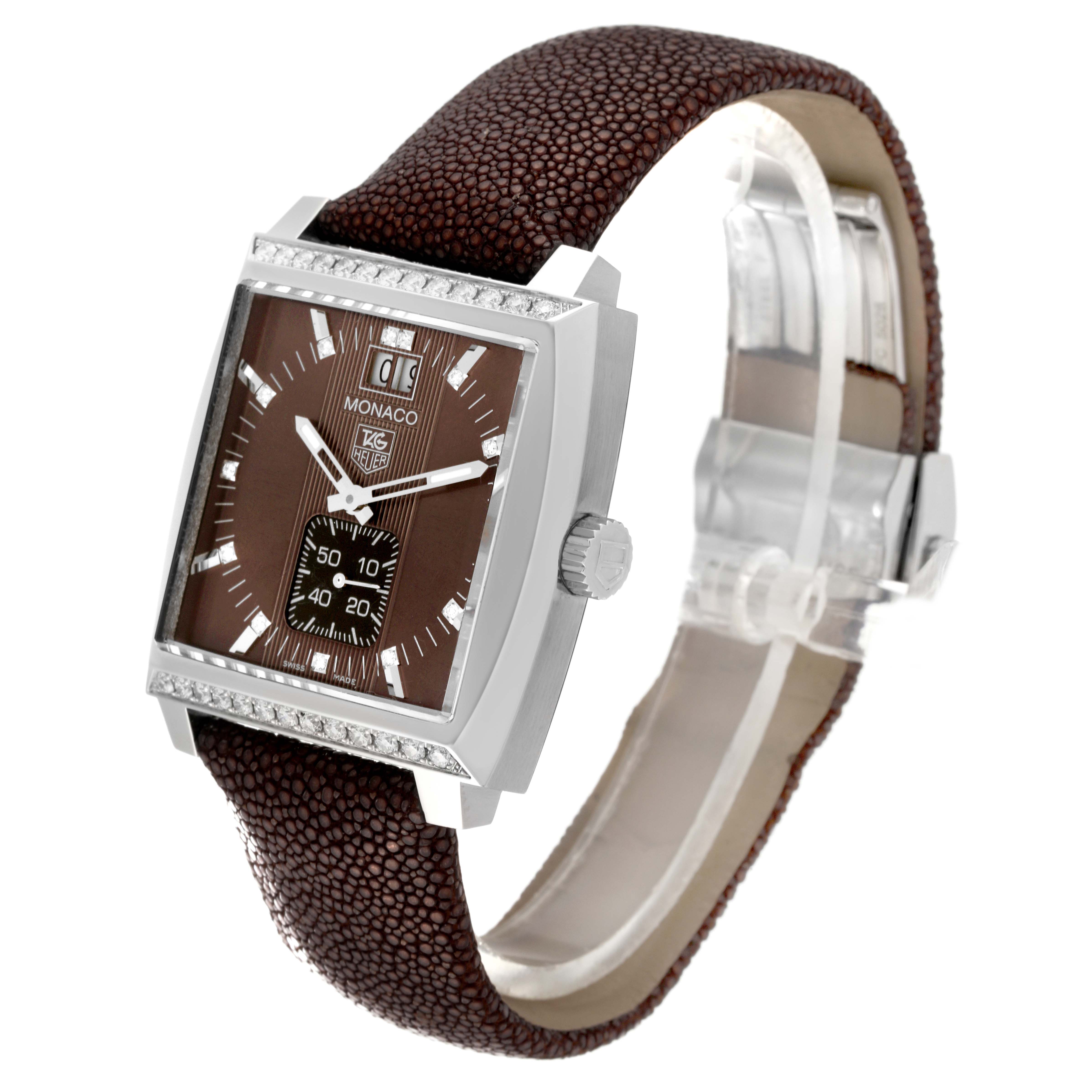 The image shows a side angle of the Tag Heuer Monaco WAW1316 Women's Stainless Steel Brown Dial WAW1316 Women's Stainless Steel Brown Dial watch, highlighting its face, crown, and strap.