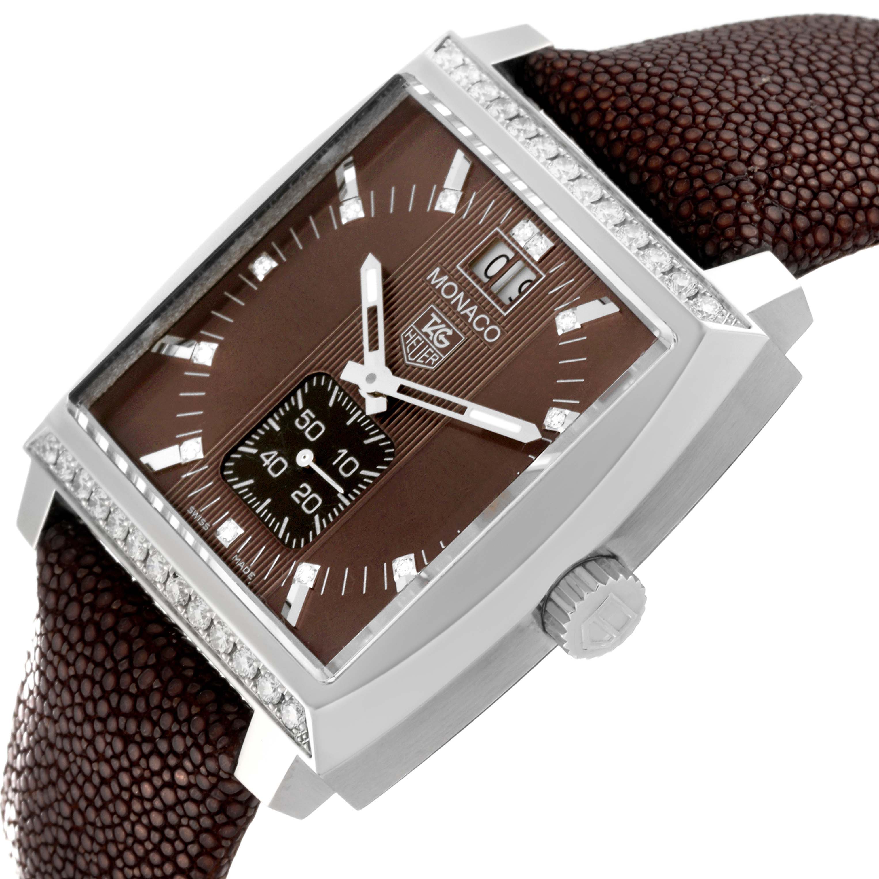 The image shows a close-up angle of the Tag Heuer Monaco WAW1316 Women's Stainless Steel Brown Dial WAW1316 Women's Stainless Steel Brown Dial watch, featuring its dial, crown, and part of the bracelet.