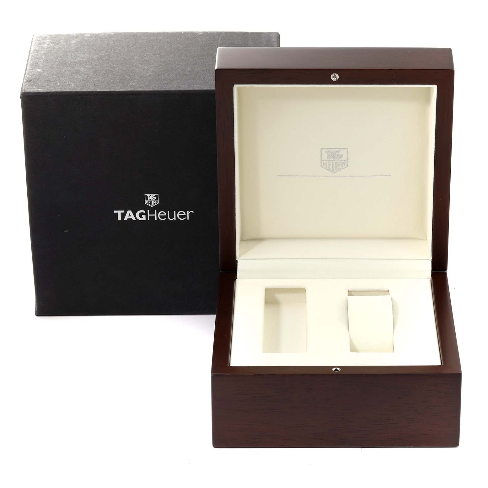 The image shows an open wooden box and a black outer box for a Tag Heuer Monaco WAW1316 Women's Stainless Steel Brown Dial WAW1316 Women's Stainless Steel Brown Dial watch, with no watch inside.