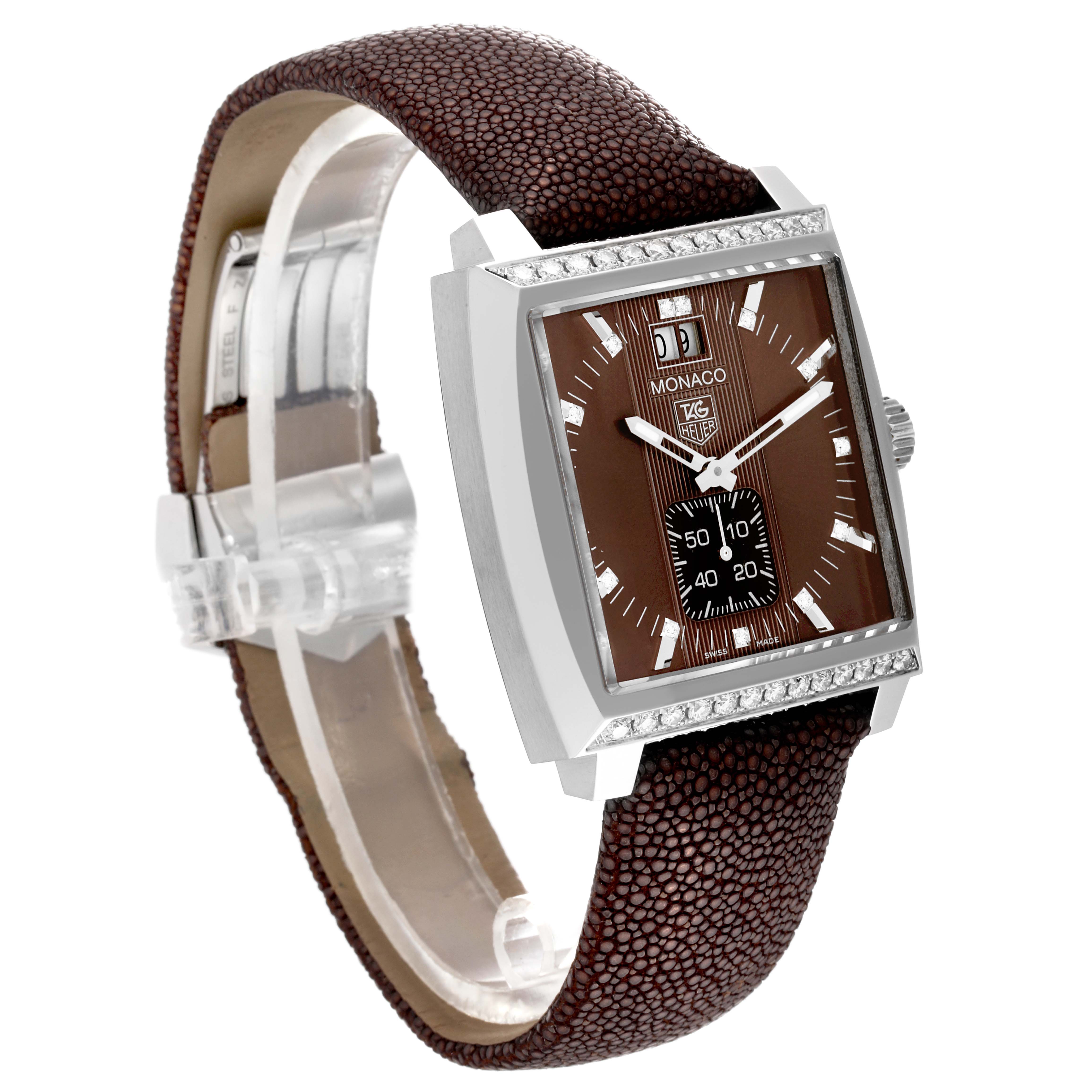 The Tag Heuer Monaco WAW1316 Women's Stainless Steel Brown Dial WAW1316 Women's Stainless Steel Brown Dial watch is shown at a three-quarter angle, displaying its face, crown, case, and strap.