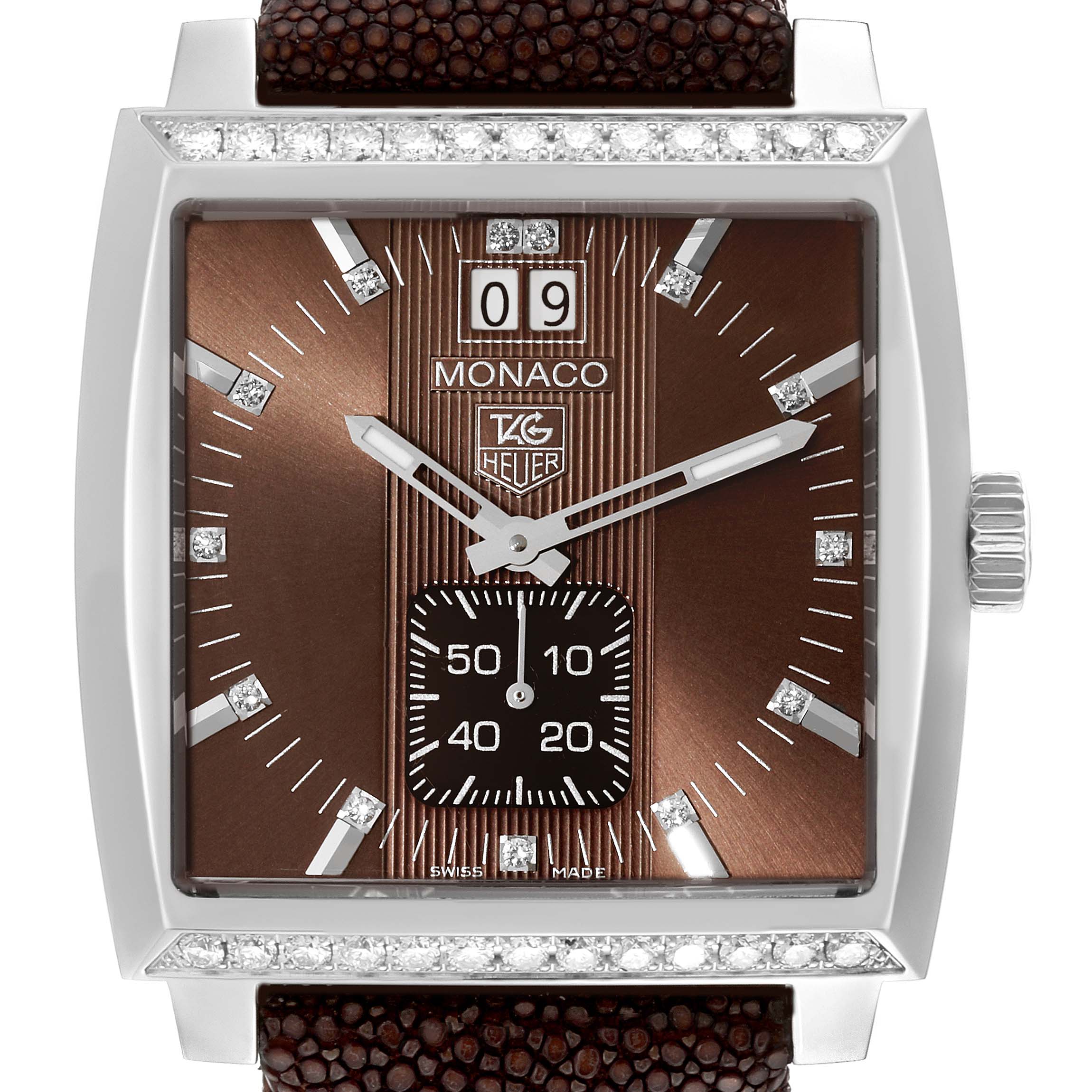 The image shows a front view of a Tag Heuer Monaco WAW1316 Women's Stainless Steel Brown Dial WAW1316 Women's Stainless Steel Brown Dial watch with a square brown dial and diamond-accented markers.