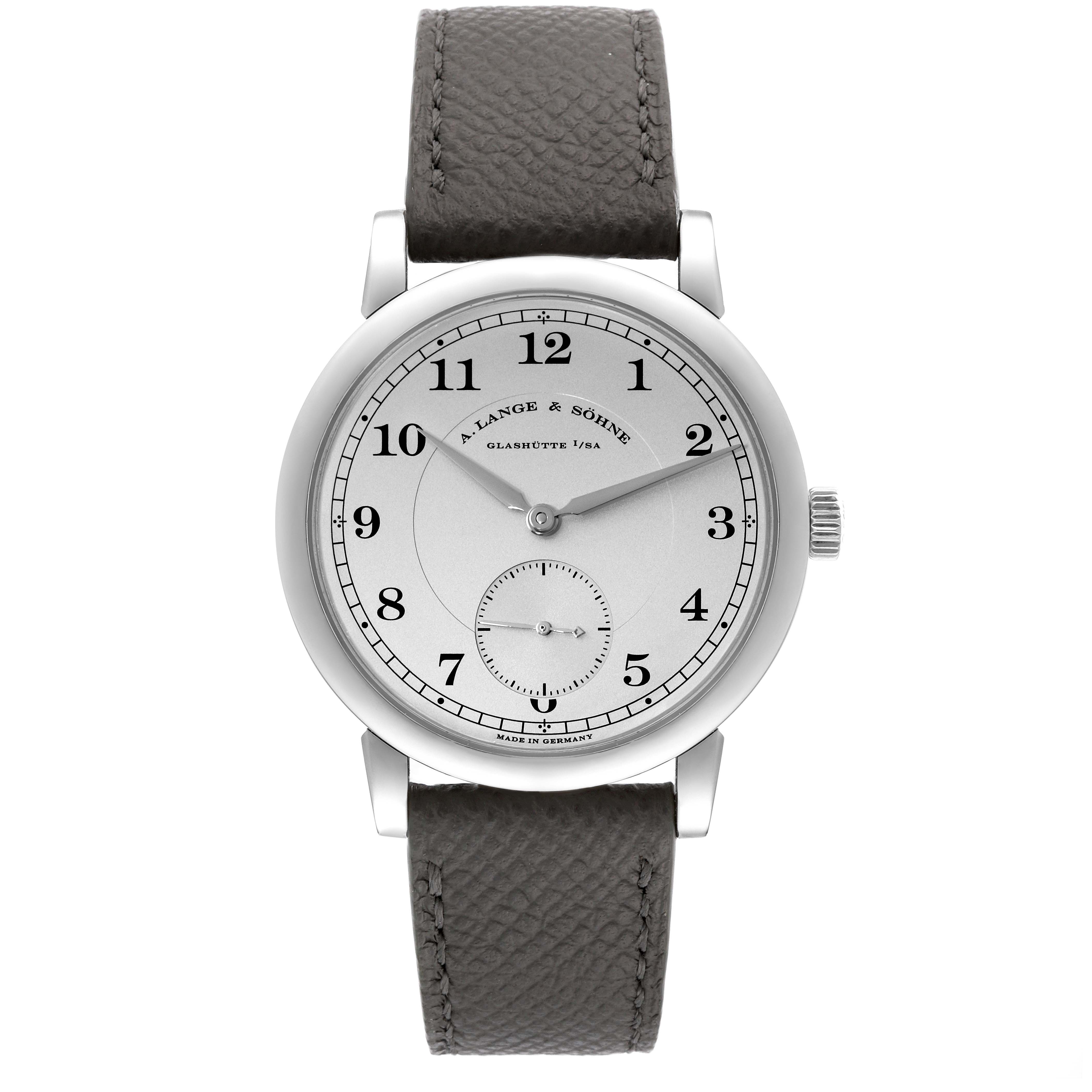 The image shows a front view of the 1815 model watch by A. Lange & Sohne, displaying the face, hands, and strap.