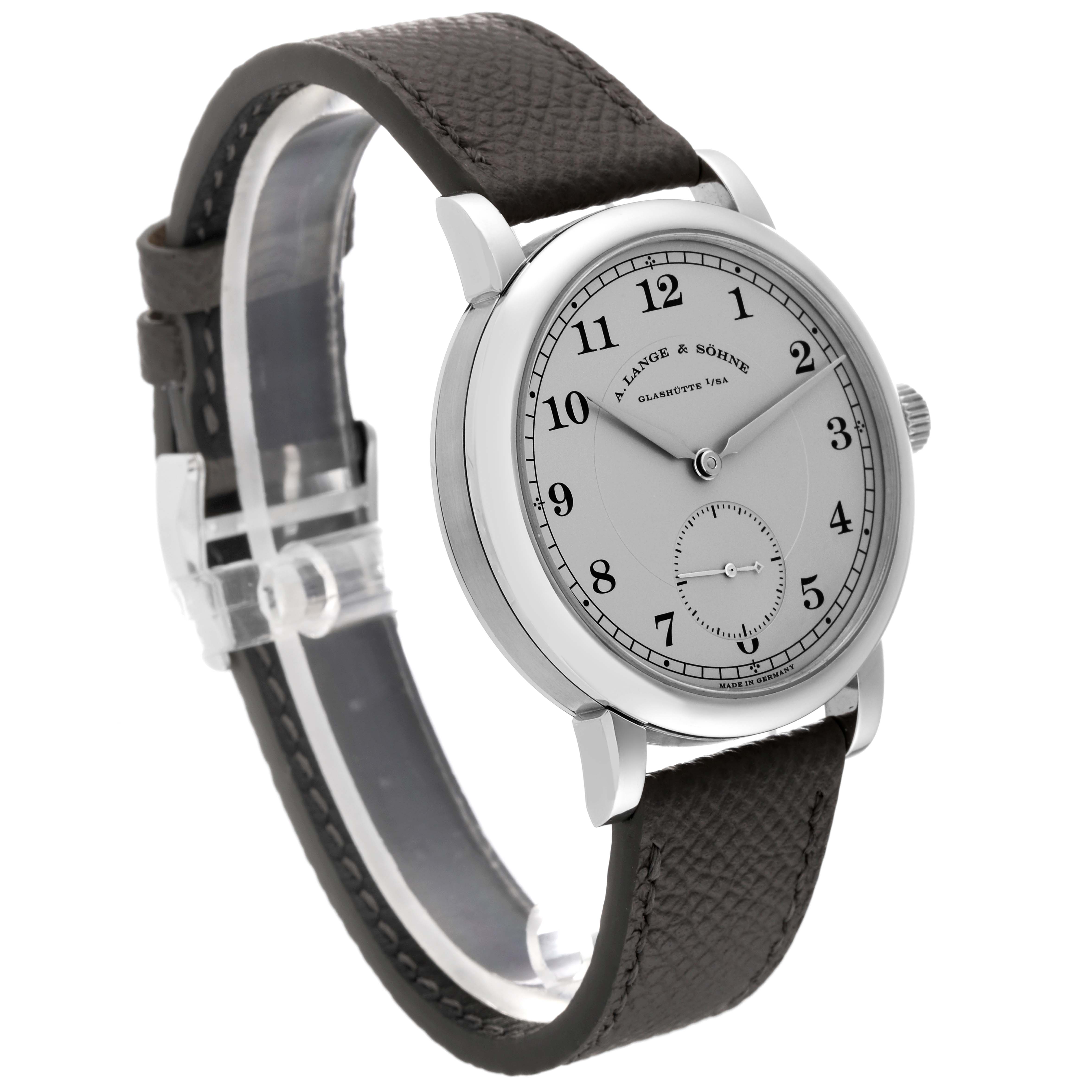 The A. Lange & Sohne 1815 233.025 Men's Platinum Silver Dial model watch is shown at a three-quarter angle highlighting the dial, case, leather strap, and crown.