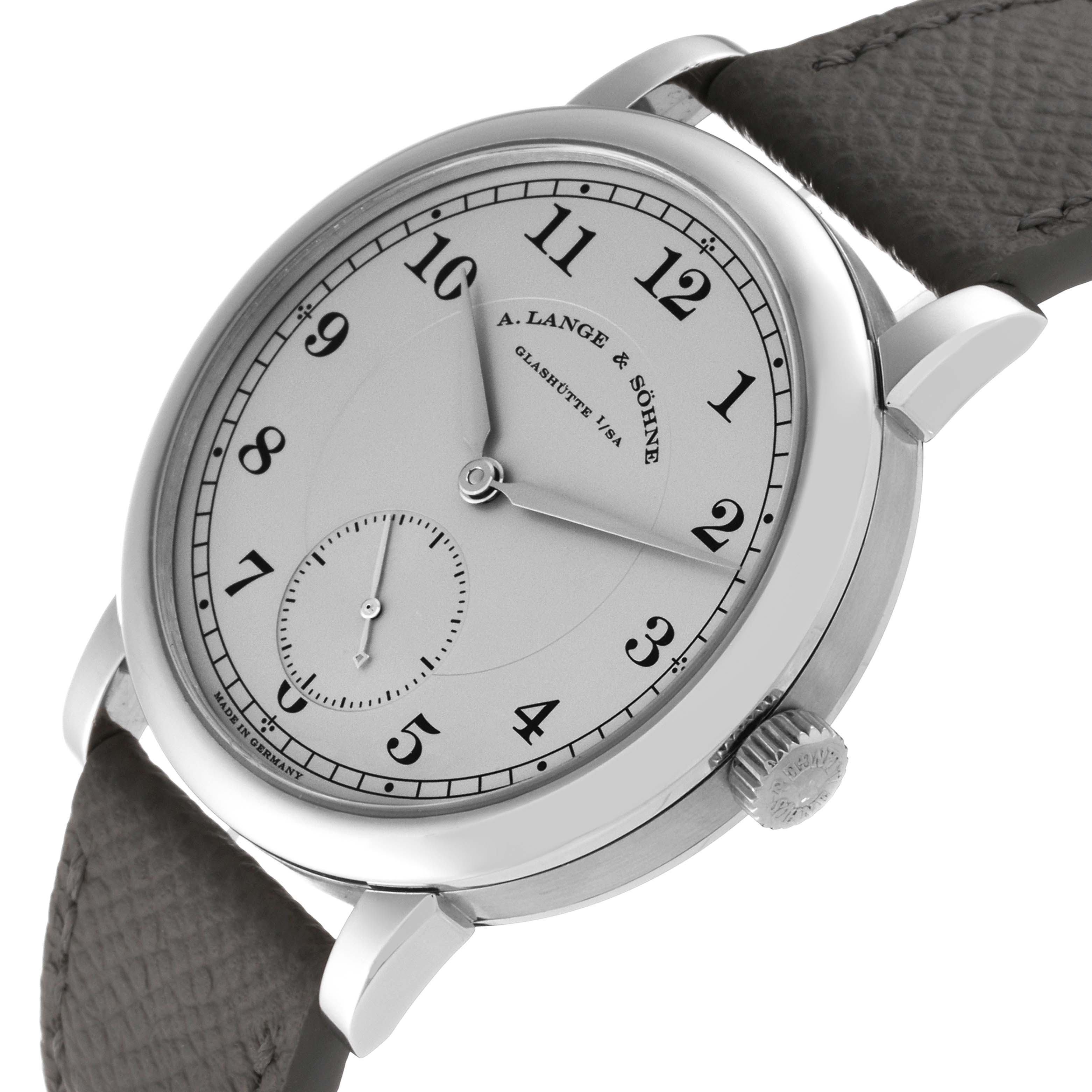 The image shows a side angle of the A. Lange & Sohne 1815 233.025 Men's Platinum Silver Dial model watch, highlighting the dial, crown, and leather strap.