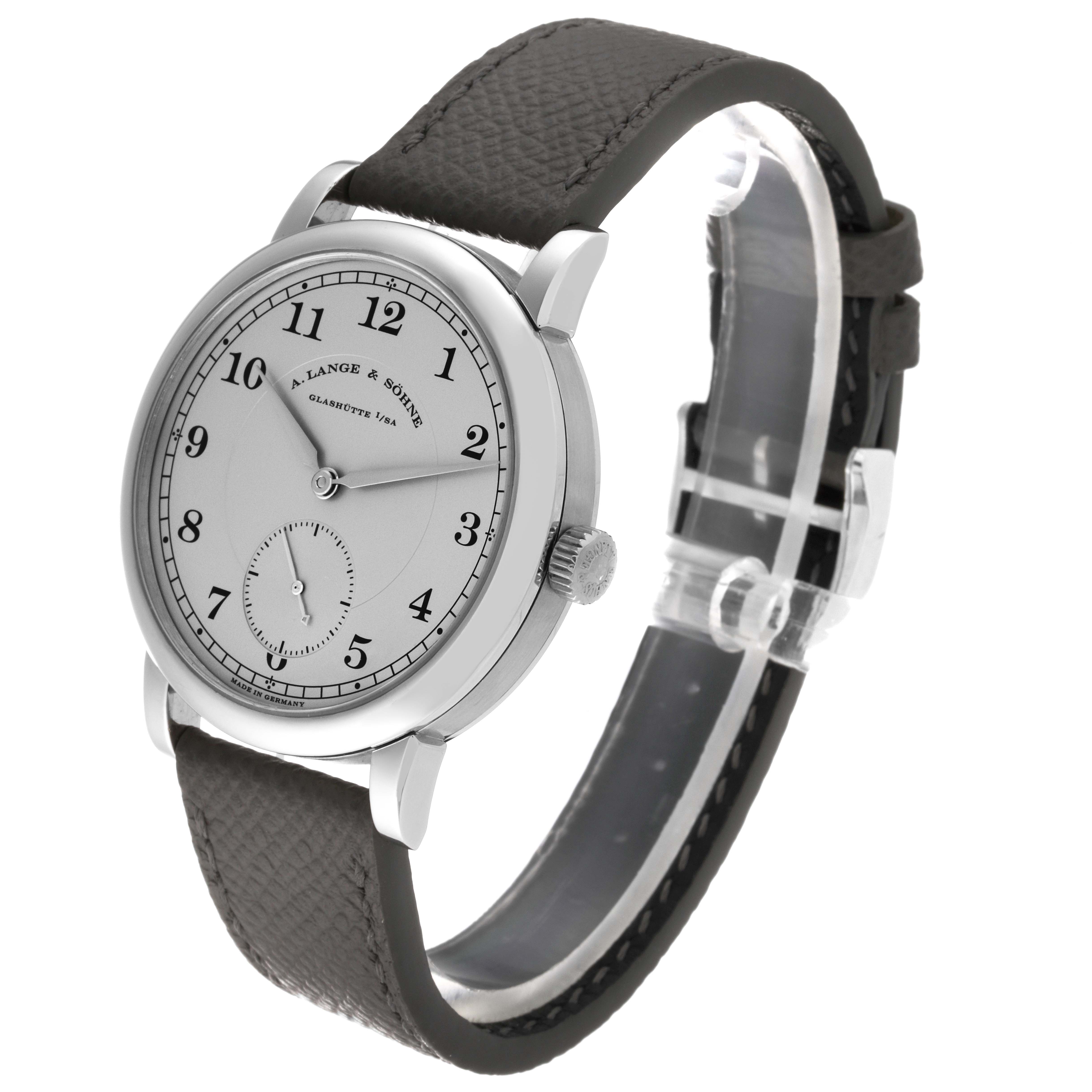 This image shows the front and right side of the A. Lange & Sohne 1815 233.025 Men's Platinum Silver Dial model watch, including the dial and crown.