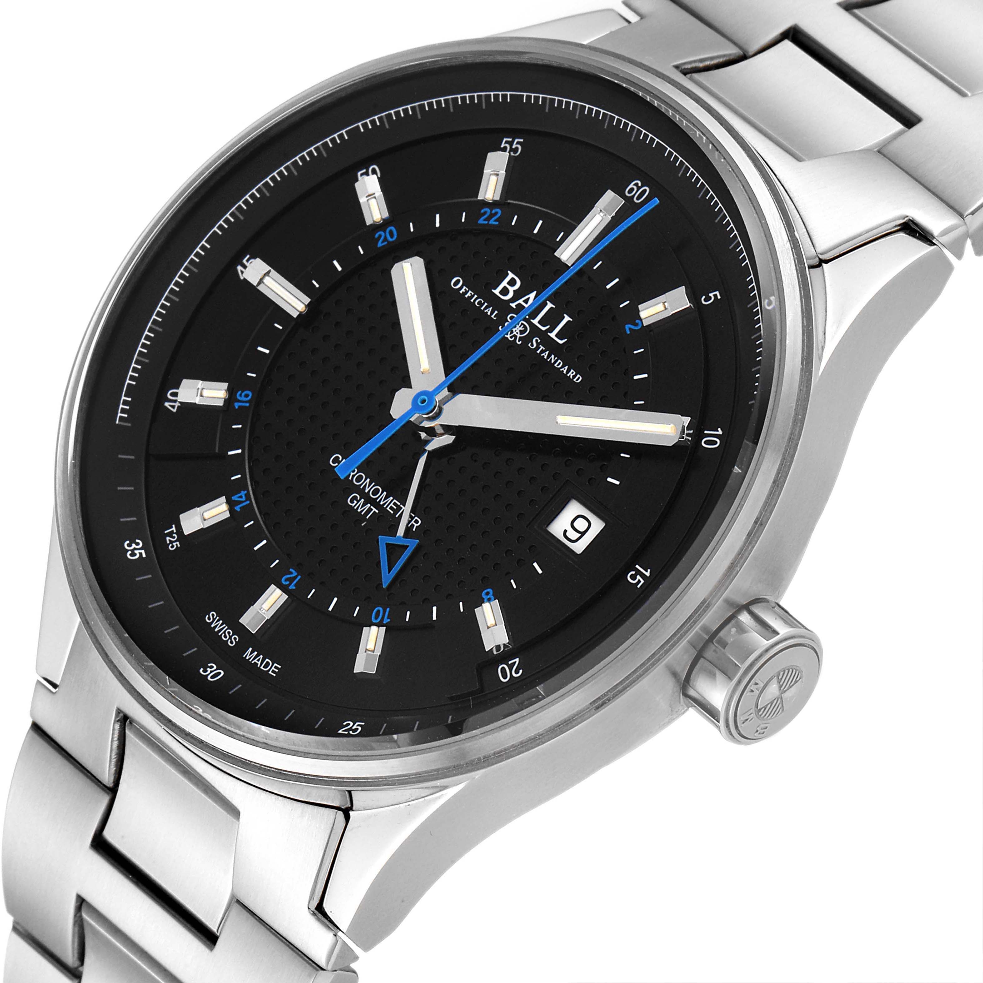 The image shows a front angle view of the Ball GM3010C Men's Stainless Steel Black Dial GM3010C Men's Stainless Steel Black Dial BMW GMT Black Dial Steel Automatic Men's Watch GM3010C, highlighting the dial and part of the bracelet.