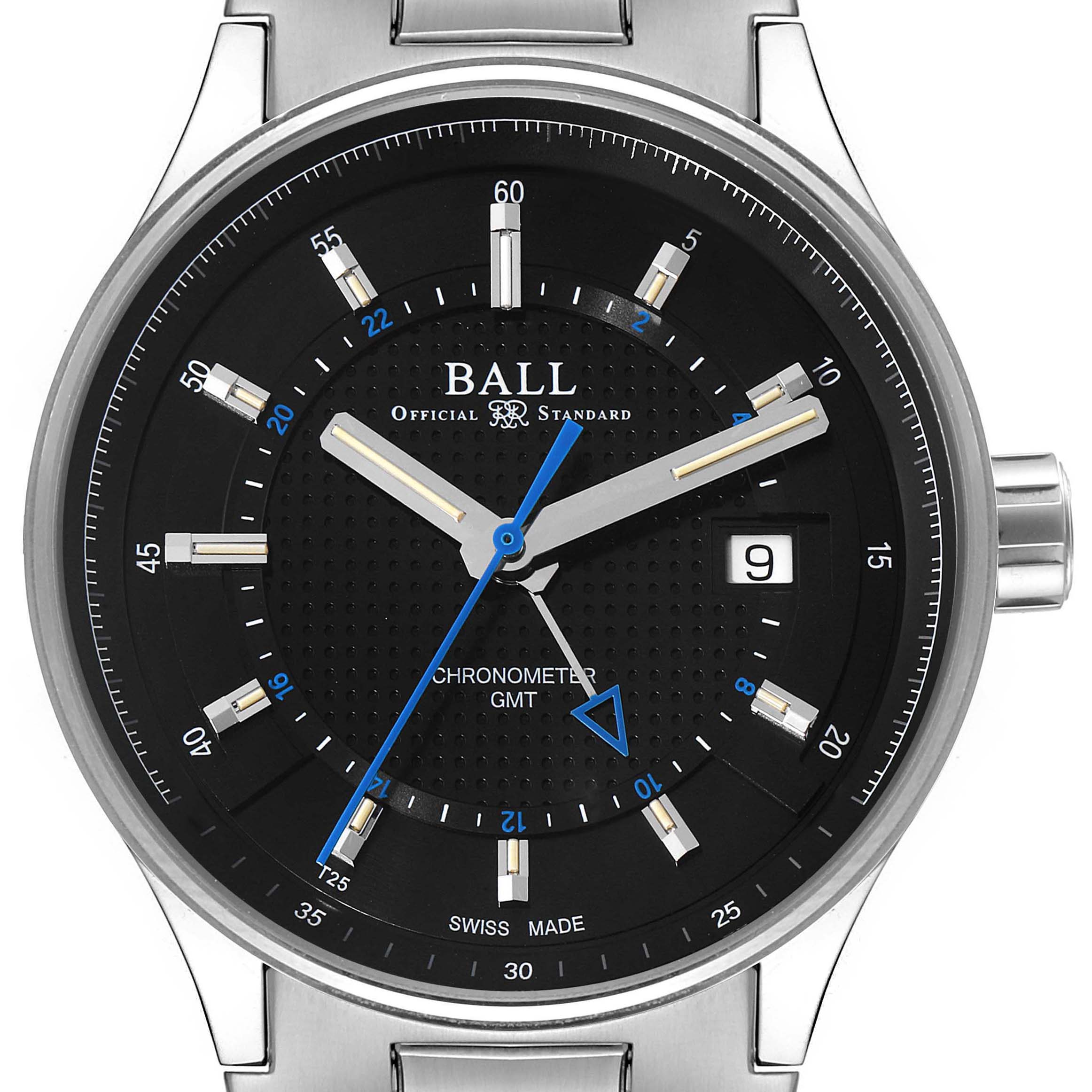 The image shows a front view of the Ball GM3010C Men's Stainless Steel Black Dial GM3010C Men's Stainless Steel Black Dial BMW GMT Black Dial Steel Automatic Mens Watch GM3010C.