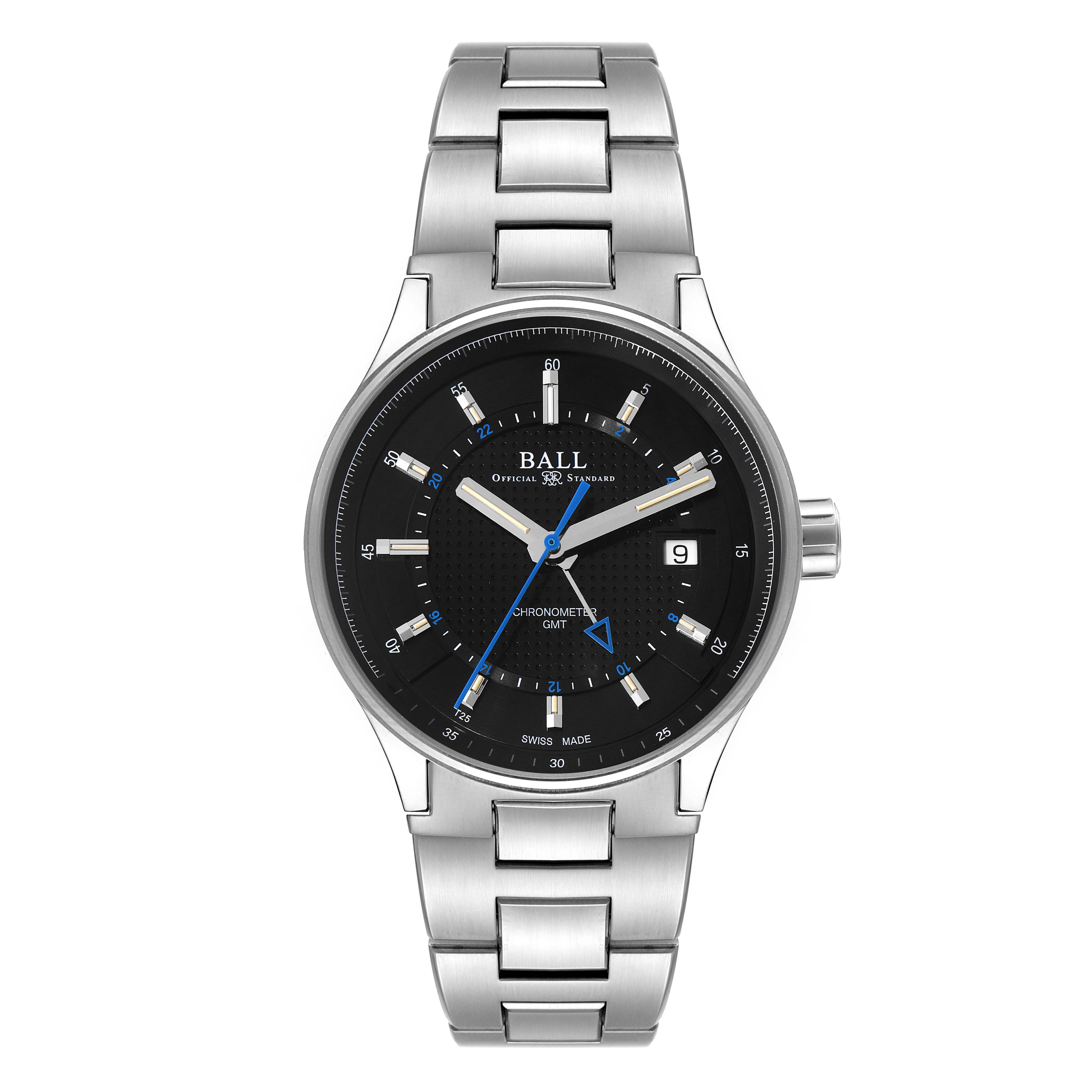 The BMW GMT Black Dial Steel Automatic Men's Watch GM3010C model by Ball GM3010C Men's Stainless Steel Black Dial GM3010C Men's Stainless Steel Black Dial is shown from a front angle, displaying the dial, bezel, and bracelet.