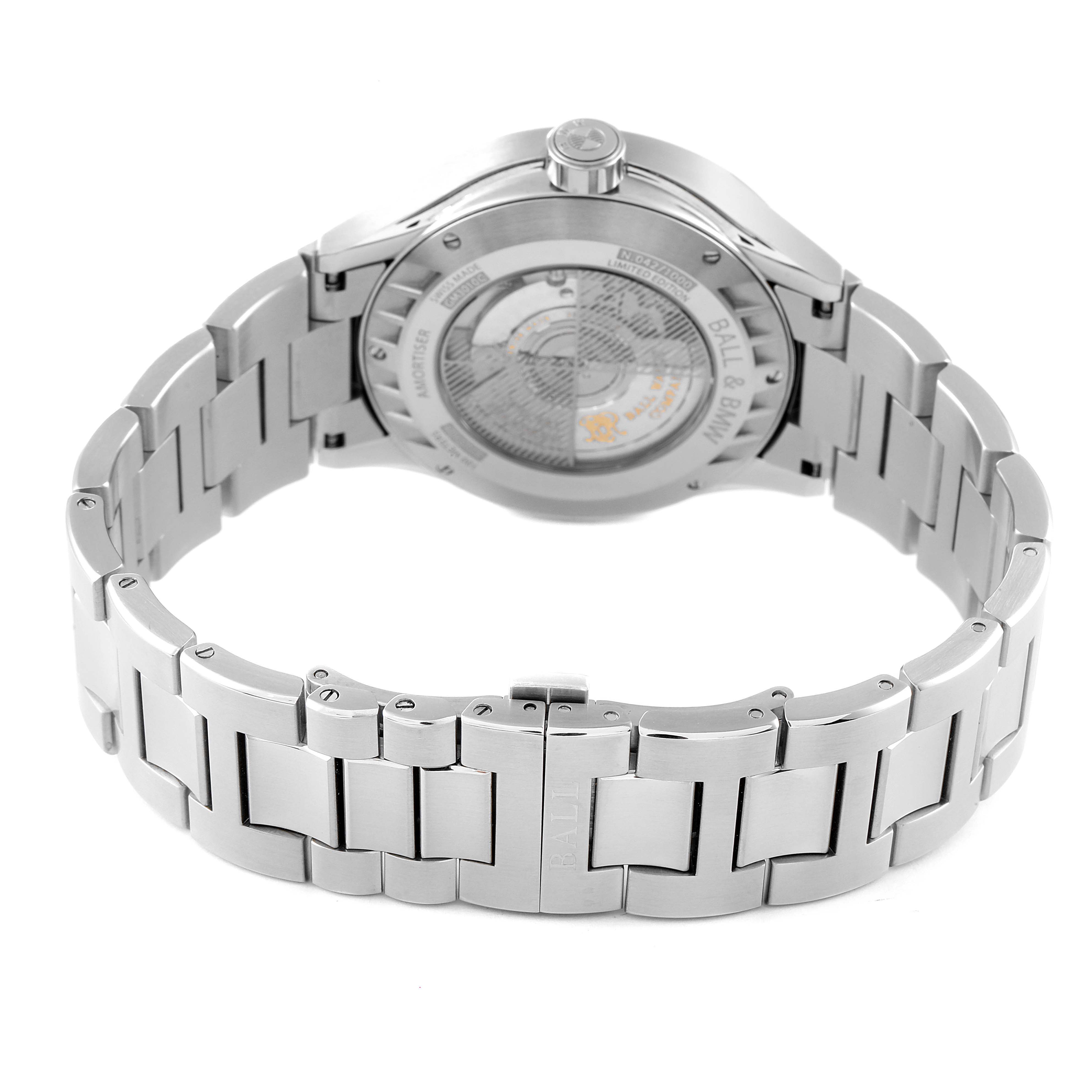 The image shows the back view of a Ball GM3010C Men's Stainless Steel Black Dial GM3010C Men's Stainless Steel Black Dial BMW GMT Black Dial Steel Automatic Men's Watch GM3010C, displaying its stainless steel case and bracelet.