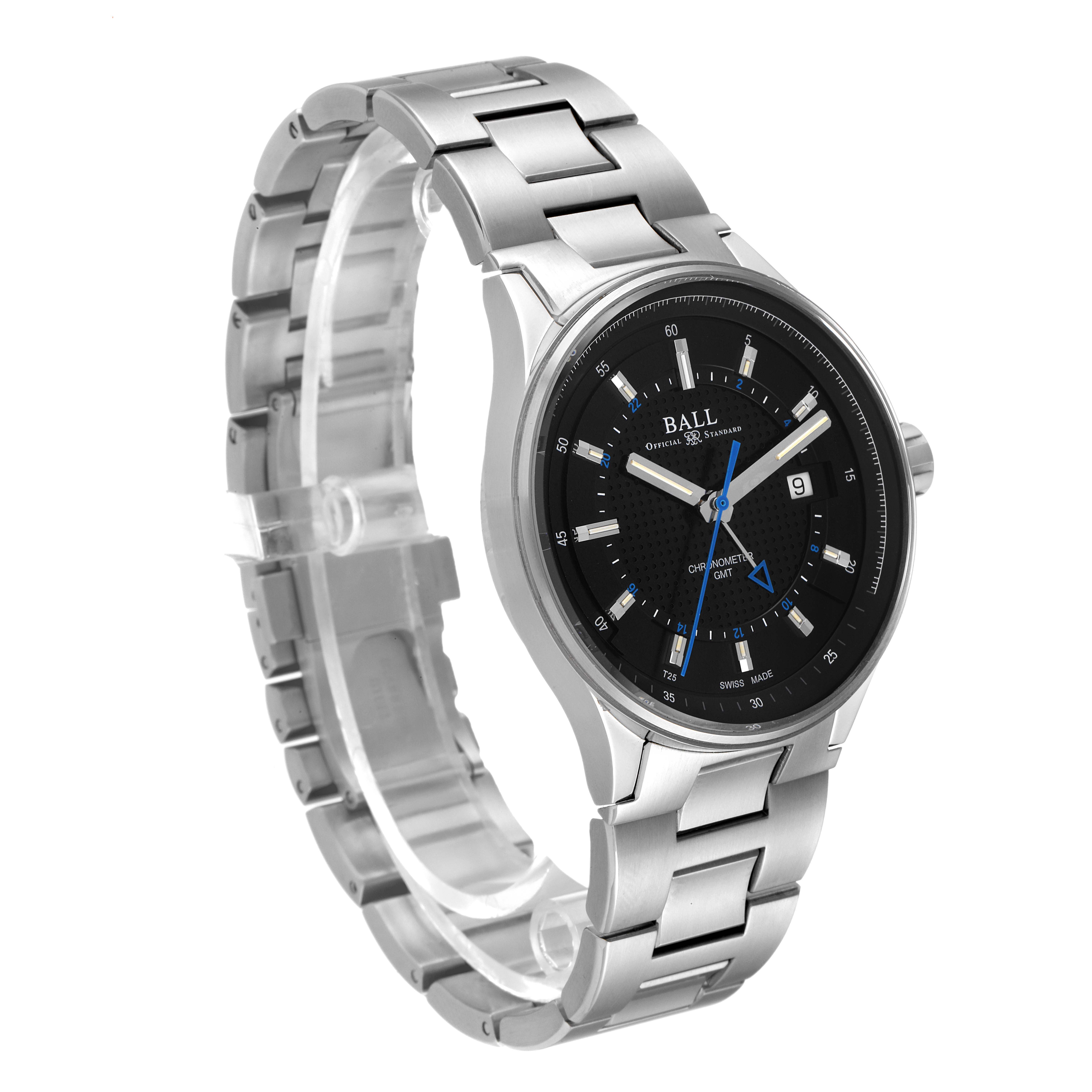 The image shows a BMW GMT Black Dial Steel Automatic Men's Watch GM3010c by Ball GM3010C Men's Stainless Steel Black Dial GM3010C Men's Stainless Steel Black Dial at an angled frontal view, highlighting the face and band.