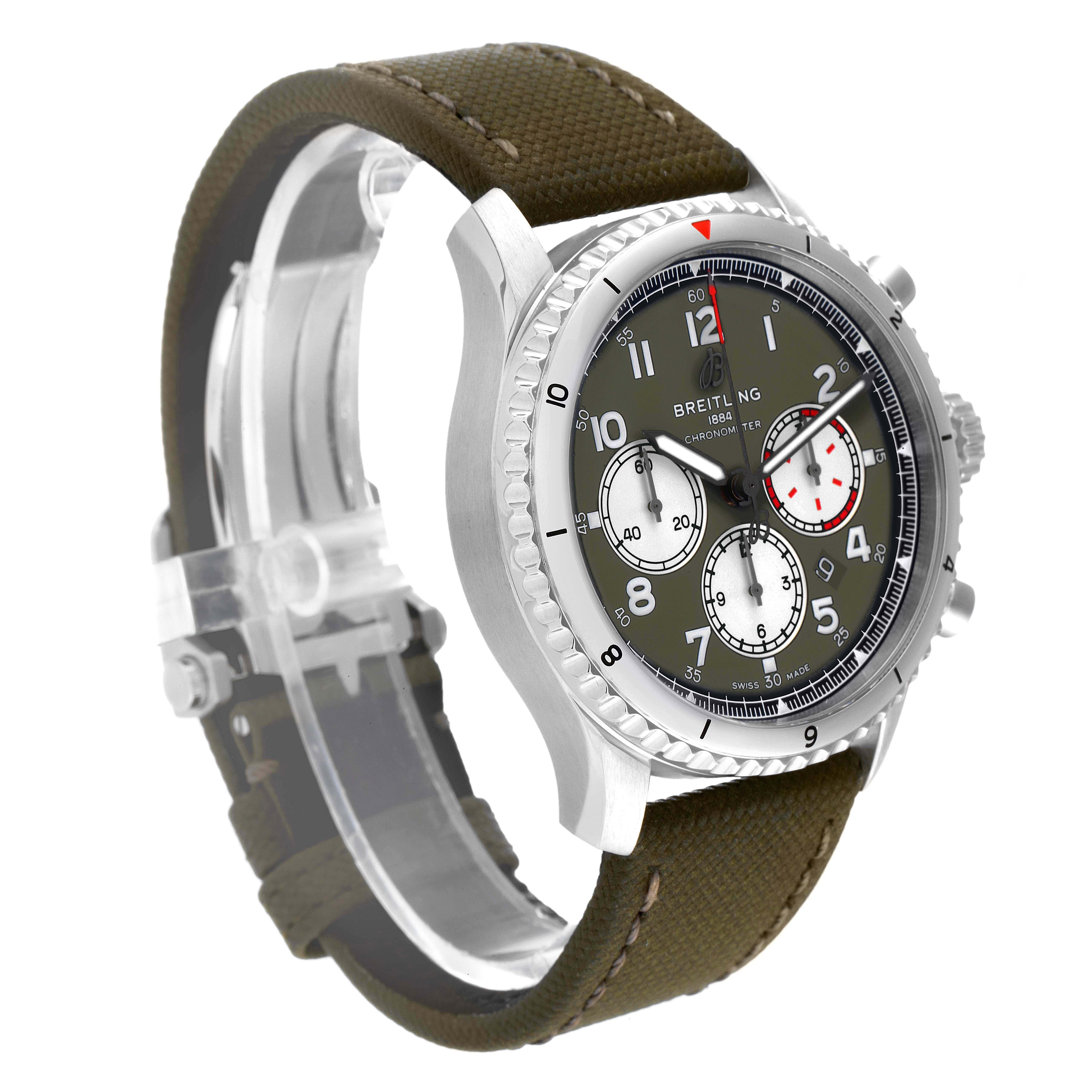 The image shows the front and left side of a Breitling Navitimer watch featuring its dial, bezel, and strap.