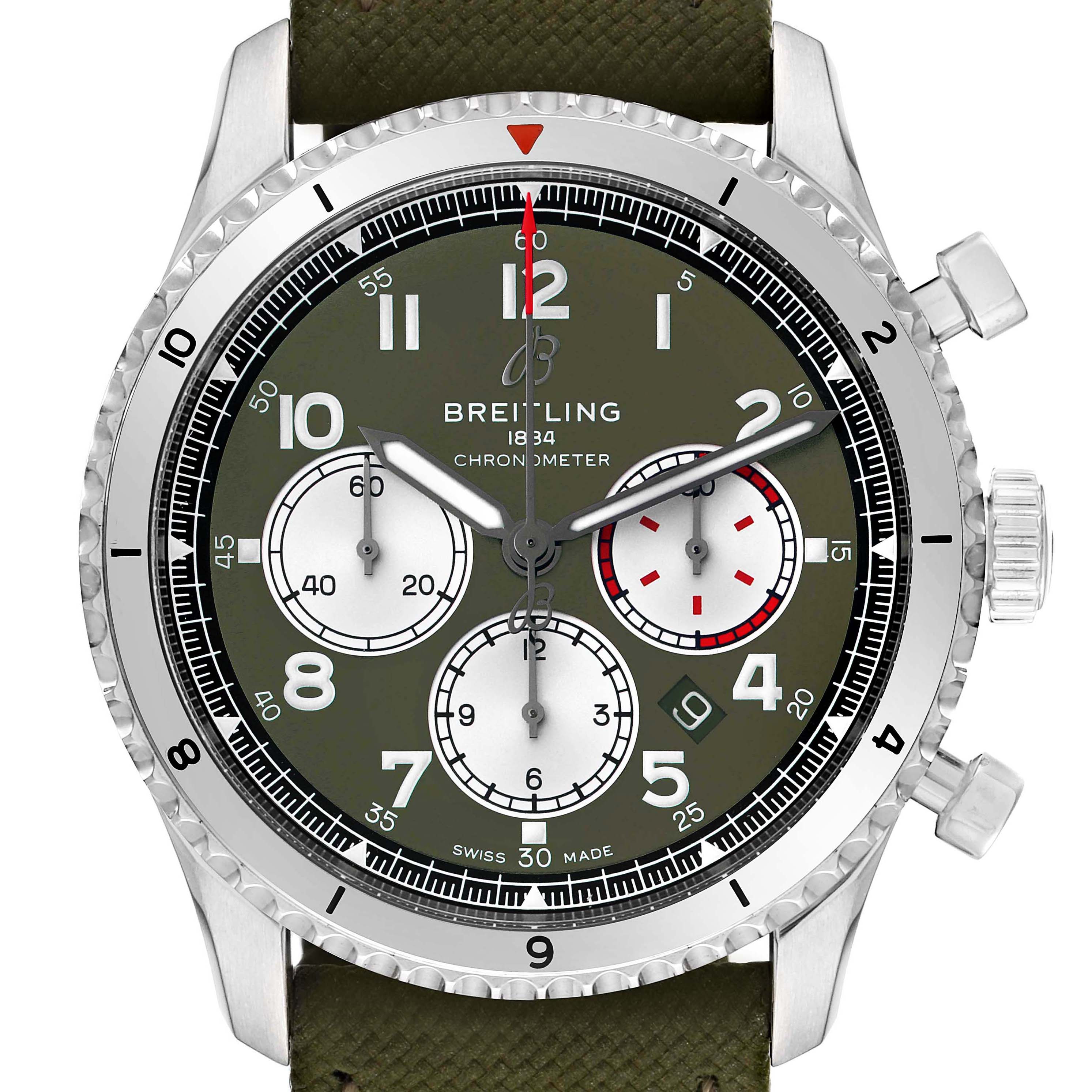 The Breitling Aviator AB01192A1L1X1 Men's Stainless Steel Green Dial AB01192A1L1X1 Men's Stainless Steel Green Dial model watch is shown from the front, featuring the dial, sub-dials, bezel, hands, and crown.