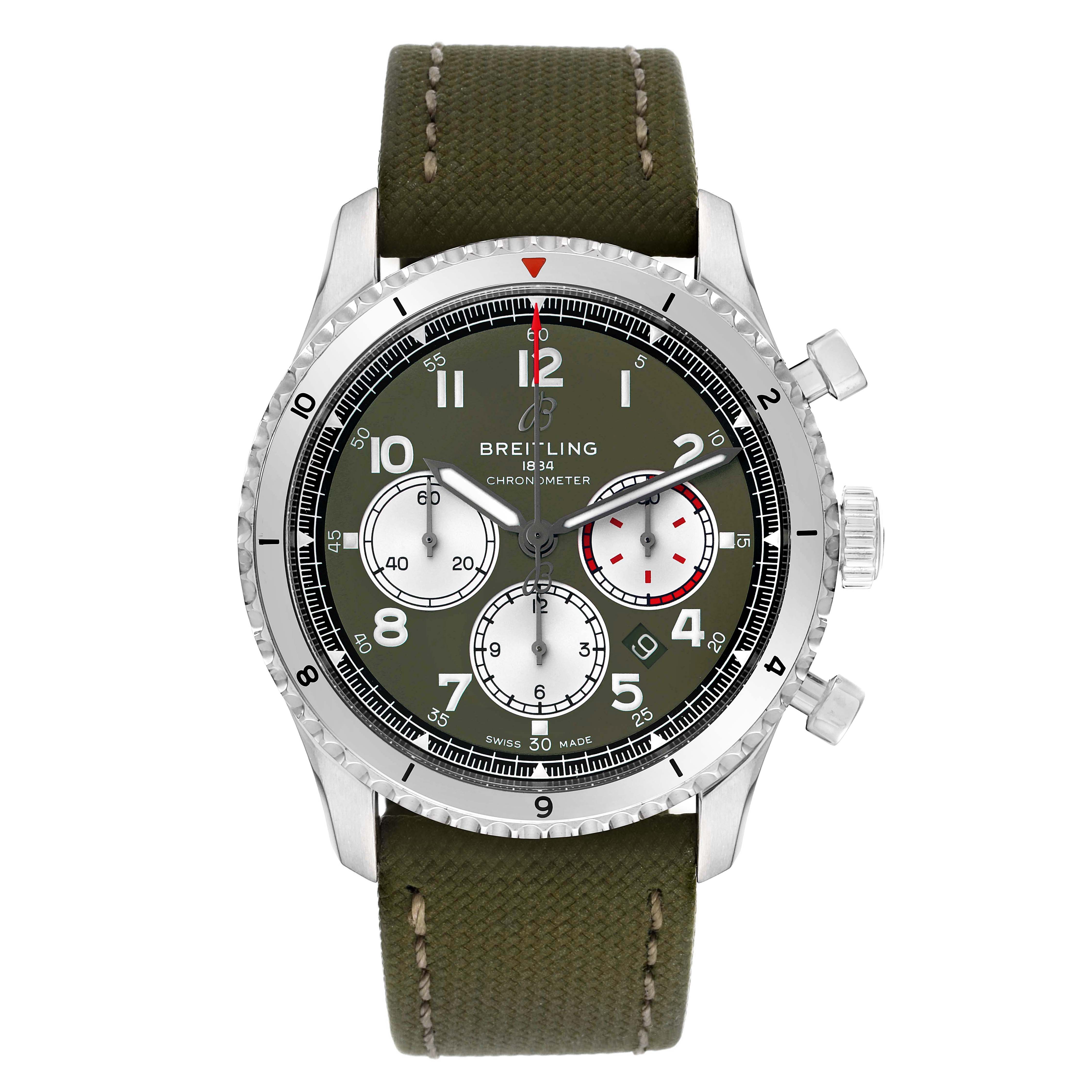 This Breitling Navitimer model watch is shown from the front with a green dial, subdials, and a green strap.