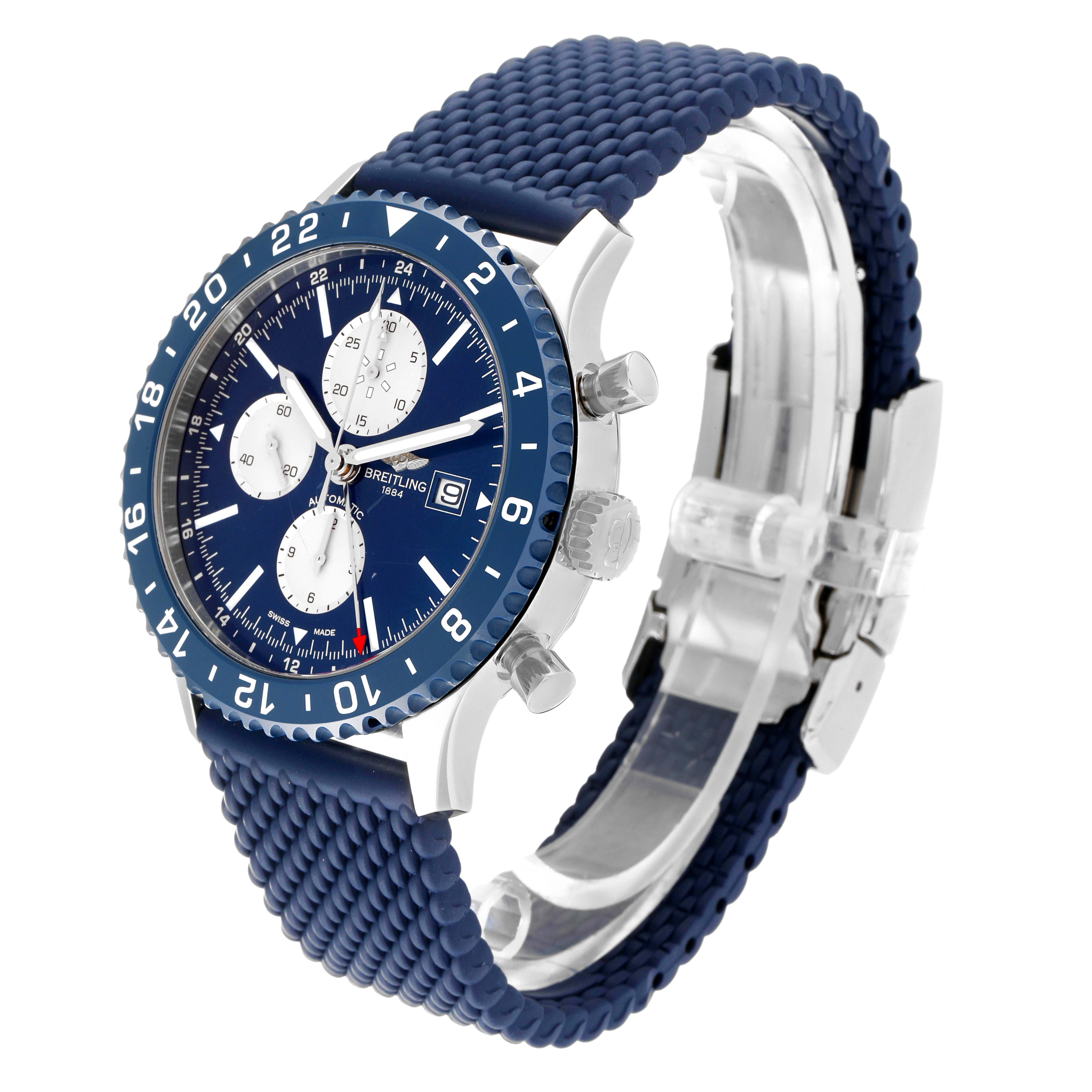 The image shows a side and front angle of the Breitling Chronoliner Y24310 Men's Stainless Steel Blue Dial Y24310 Men's Stainless Steel Blue Dial watch, highlighting the face, bezel, pushers, and blue strap.