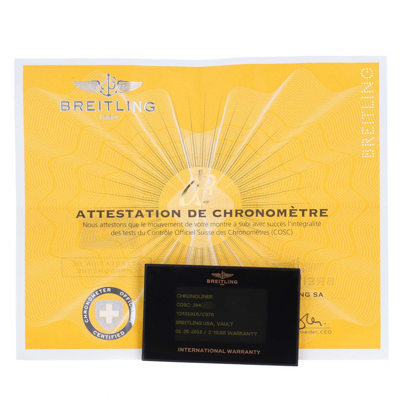 This image shows the certificate and warranty card for the Breitling Chronoliner Y24310 Men's Stainless Steel Blue Dial Y24310 Men's Stainless Steel Blue Dial watch.
