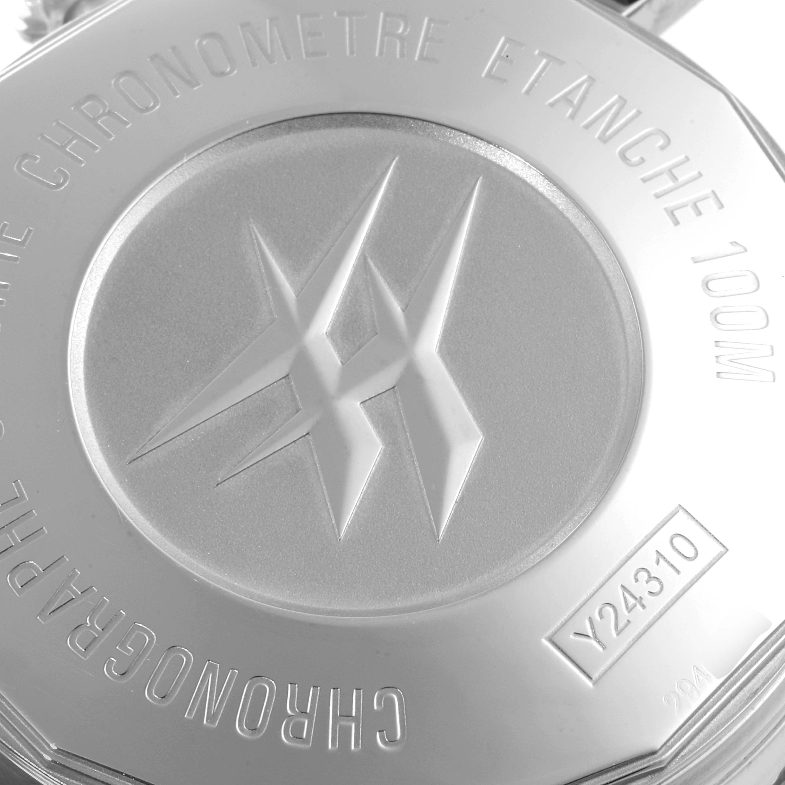 This is a close-up image of the back case of a Breitling Chronoliner Y24310 Men's Stainless Steel Blue Dial Y24310 Men's Stainless Steel Blue Dial watch, showing engravings and the model number Y24310.