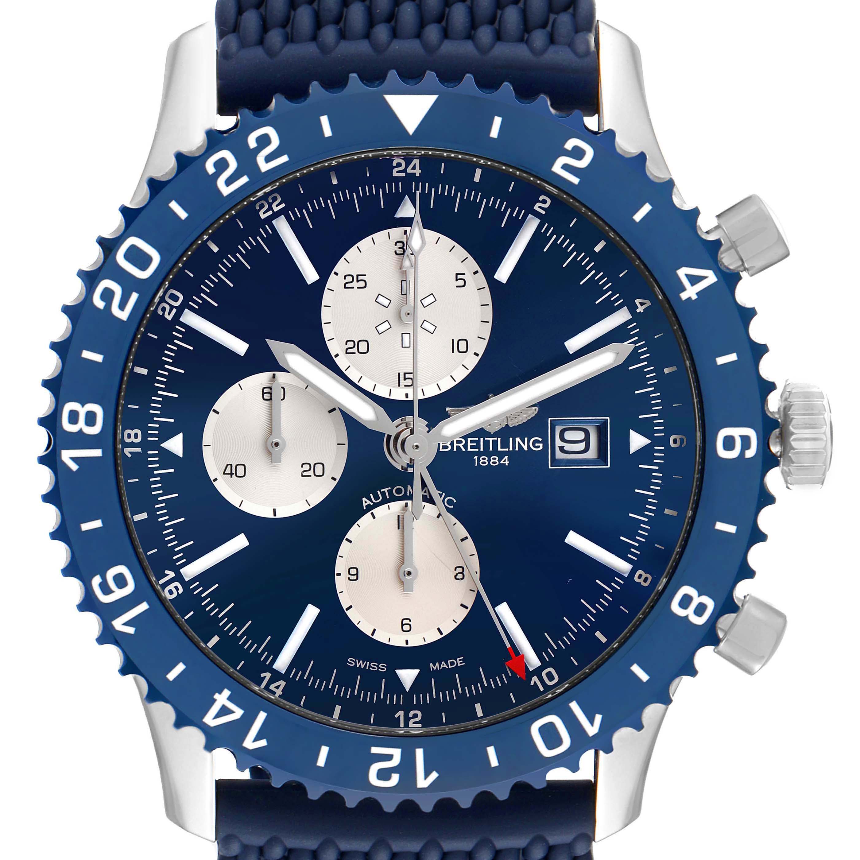 The image shows a front view of a Breitling Chronoliner Y24310 Men's Stainless Steel Blue Dial Y24310 Men's Stainless Steel Blue Dial watch, highlighting its dial, bezel, and chronograph sub-dials.