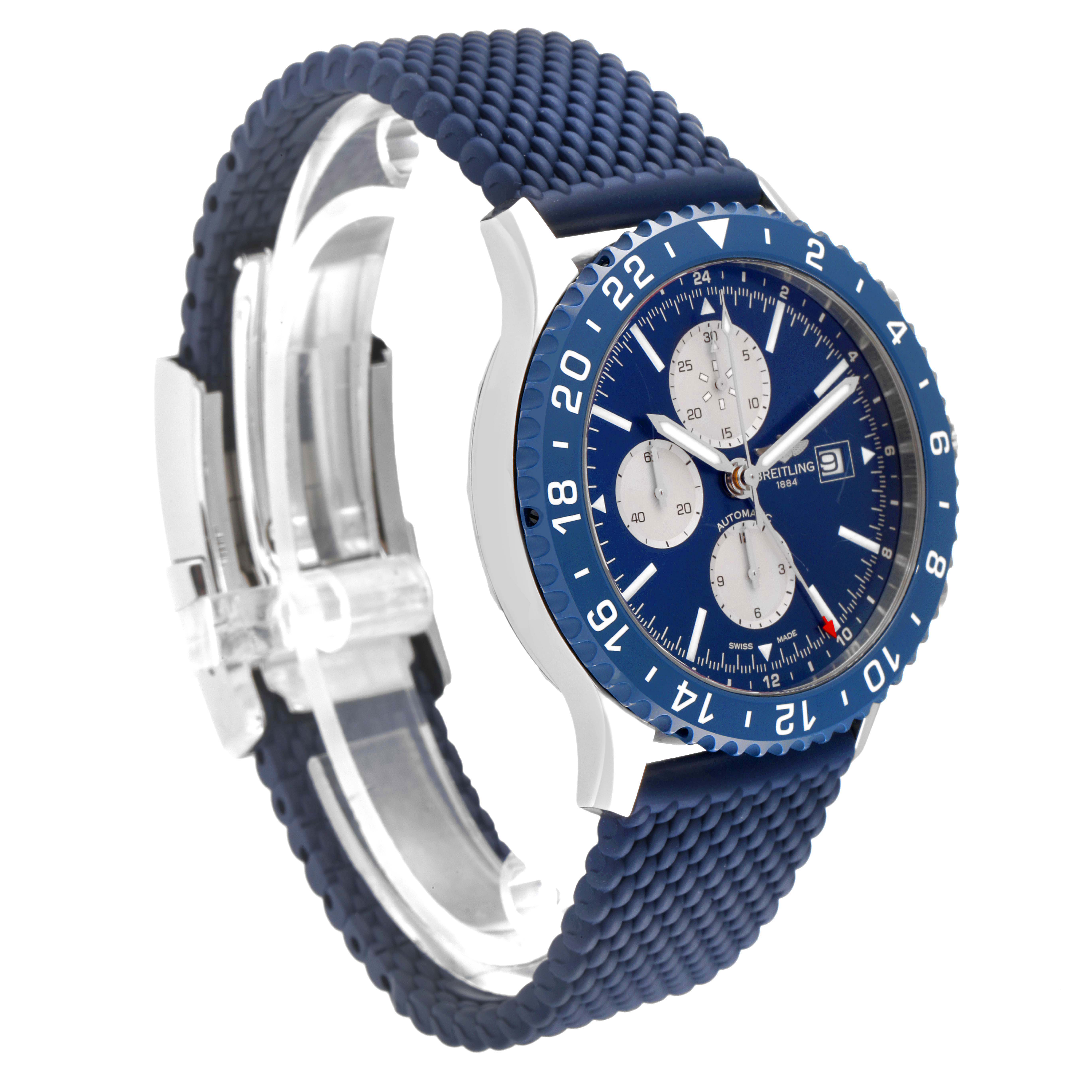 The image shows a side and front view of the Breitling Chronoliner Y24310 Men's Stainless Steel Blue Dial Y24310 Men's Stainless Steel Blue Dial watch, highlighting its blue bezel, dial, and textured strap.