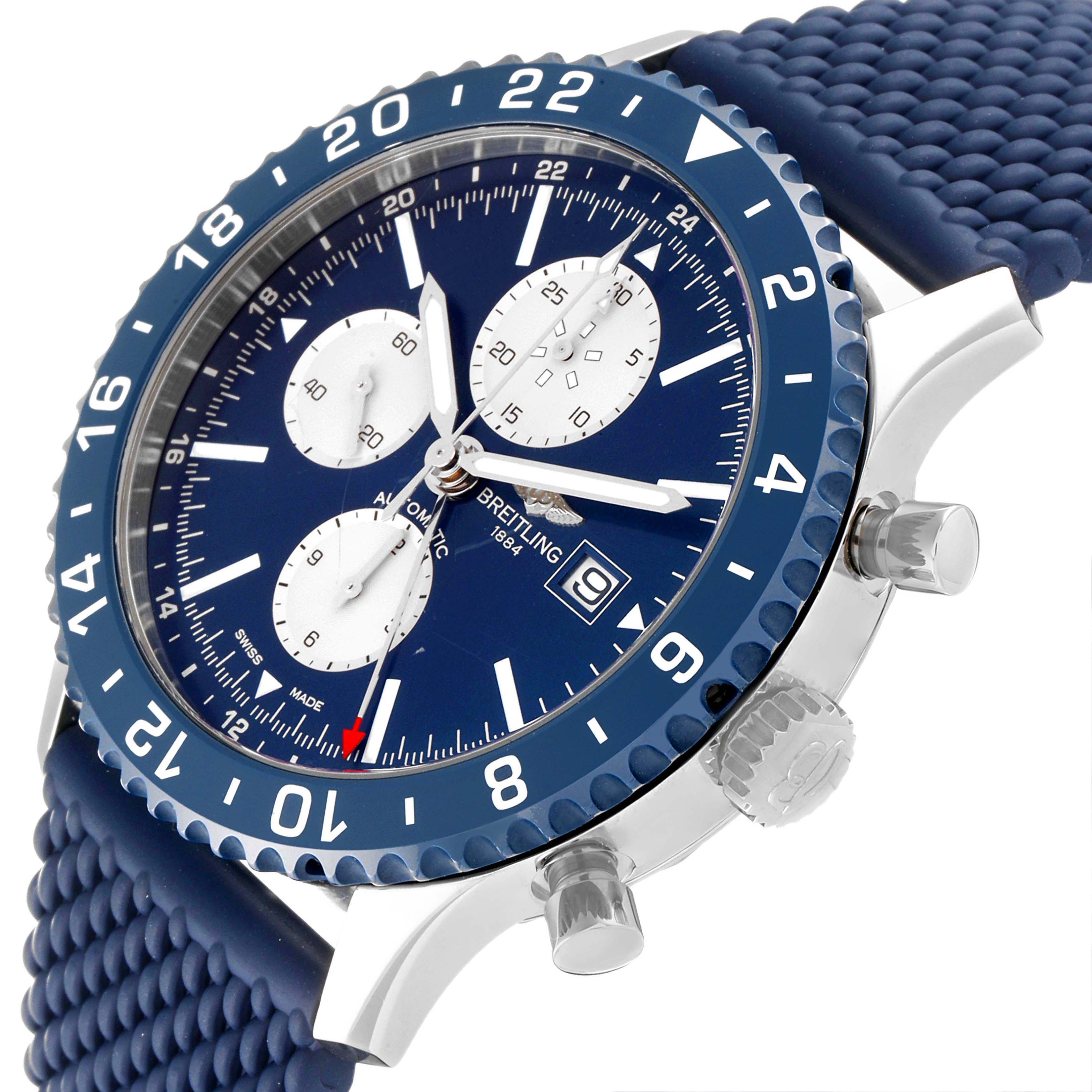 The image shows a close-up angled view of the Breitling Chronoliner Y24310 Men's Stainless Steel Blue Dial Y24310 Men's Stainless Steel Blue Dial watch, highlighting the dial, bezel, and pushers.