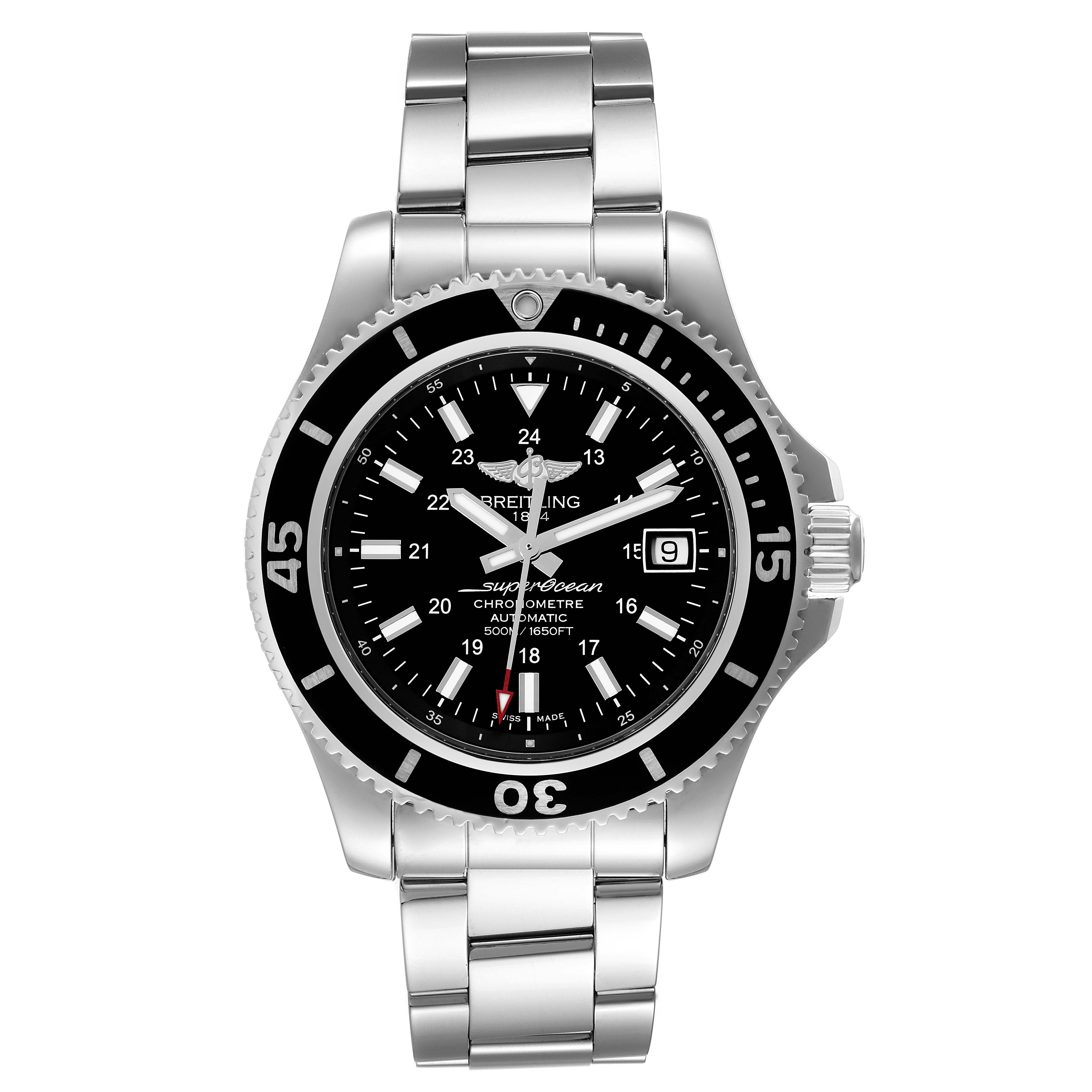 The image shows a front view of a Breitling Superocean A17365 Men's Stainless Steel Black Dial A17365 Men's Stainless Steel Black Dial watch, displaying the dial, bezel, and part of the bracelet.