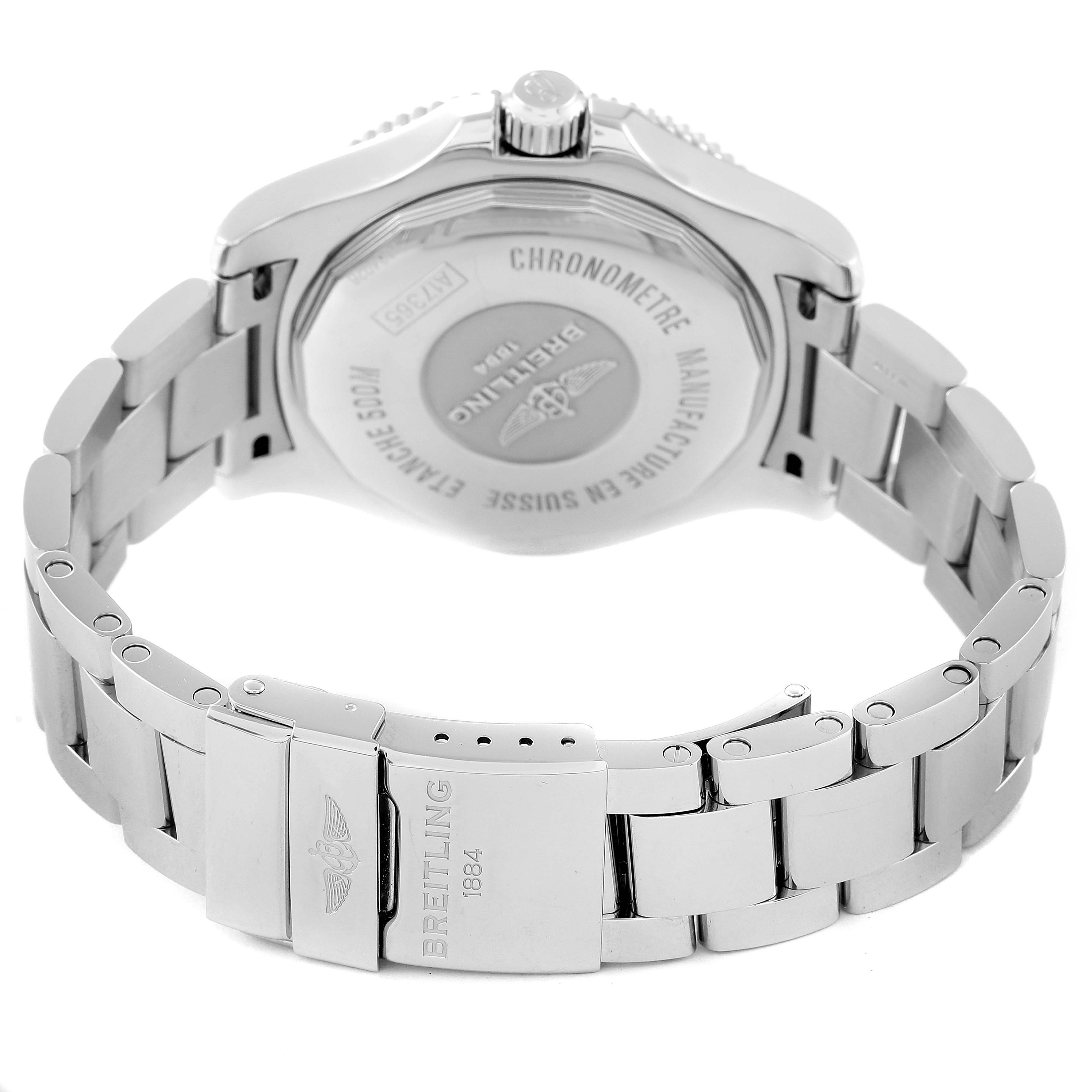 This image shows the back case and metal bracelet of the Breitling Superocean A17365 Men's Stainless Steel Black Dial A17365 Men's Stainless Steel Black Dial watch, focusing on the clasp and case back details.