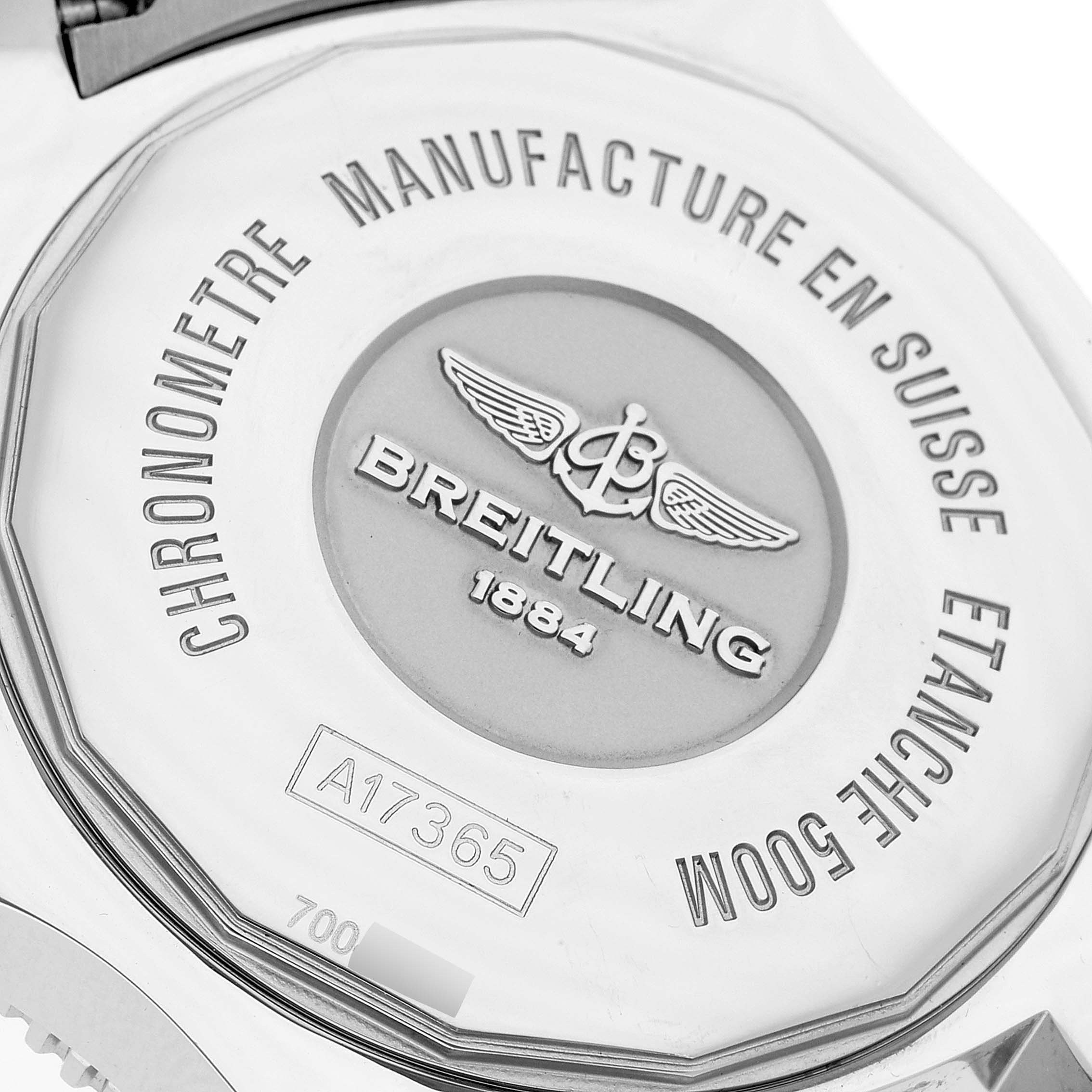 The image shows the back case of the Breitling Superocean A17365 Men's Stainless Steel Black Dial A17365 Men's Stainless Steel Black Dial watch, highlighting its branding and specifications.