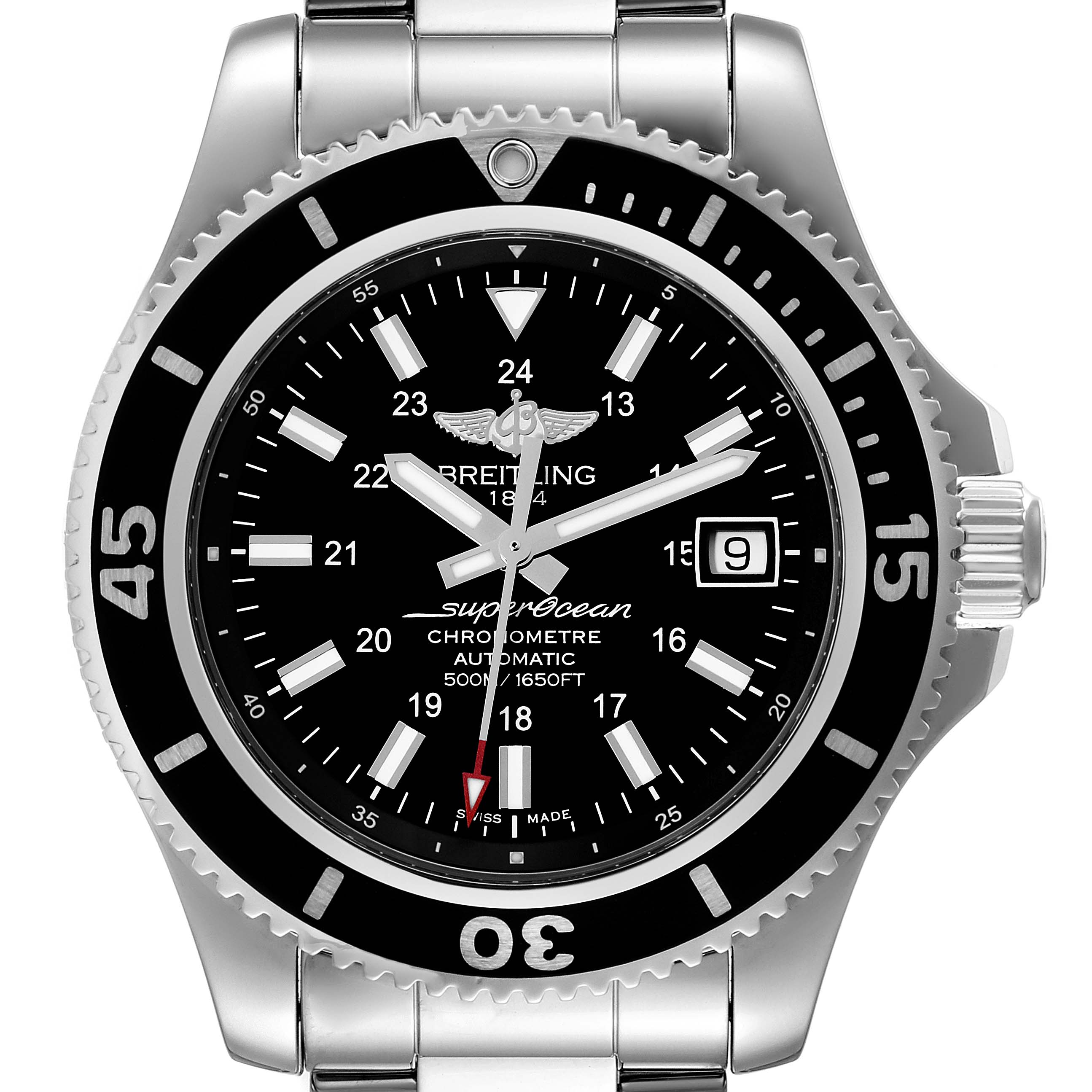 The image shows a frontal view of a Breitling Superocean A17365 Men's Stainless Steel Black Dial A17365 Men's Stainless Steel Black Dial watch, highlighting its dial, bezel, and part of the stainless steel bracelet.