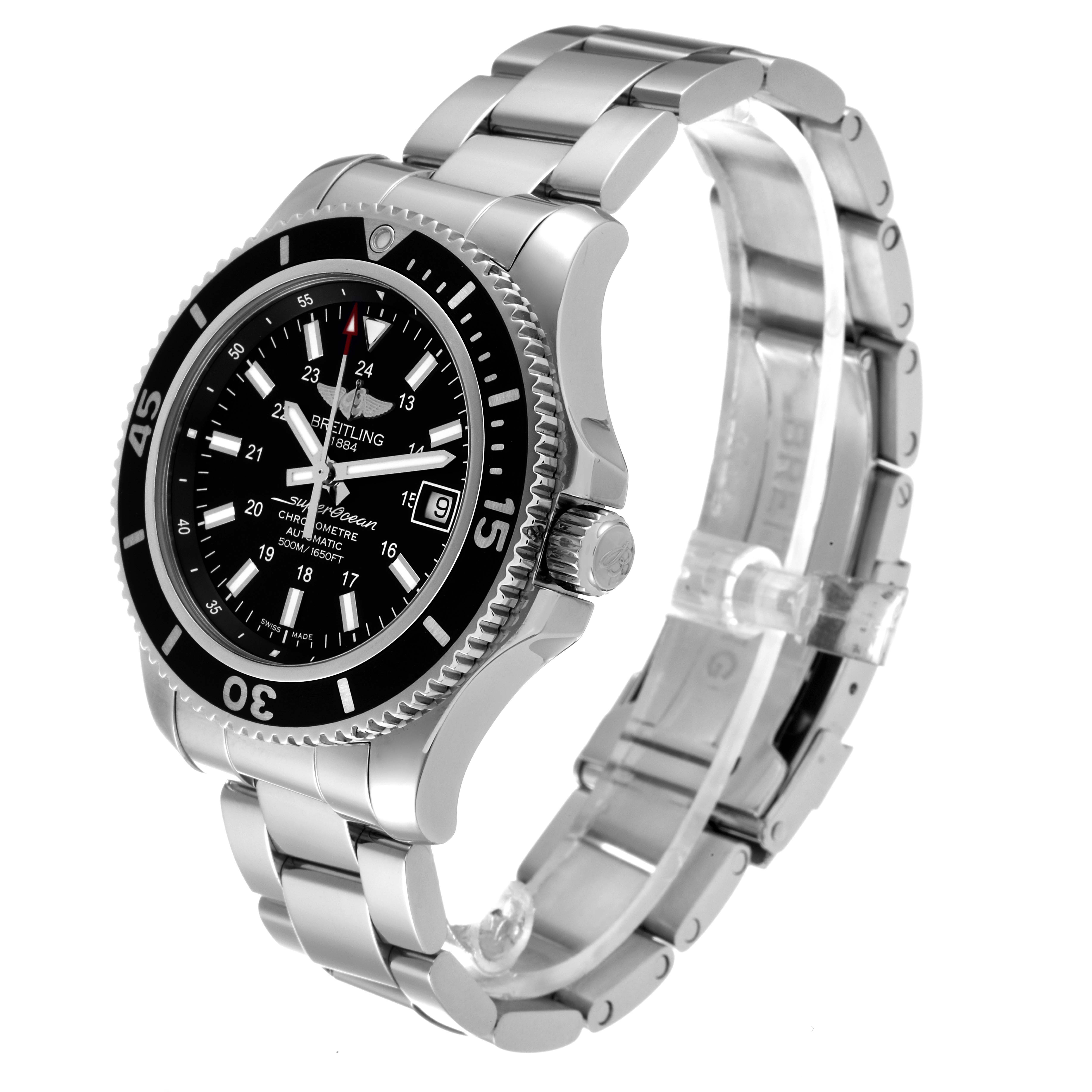 The image shows a Breitling Superocean A17365 Men's Stainless Steel Black Dial A17365 Men's Stainless Steel Black Dial watch at a side angle, highlighting its bezel, dial, and metal bracelet.