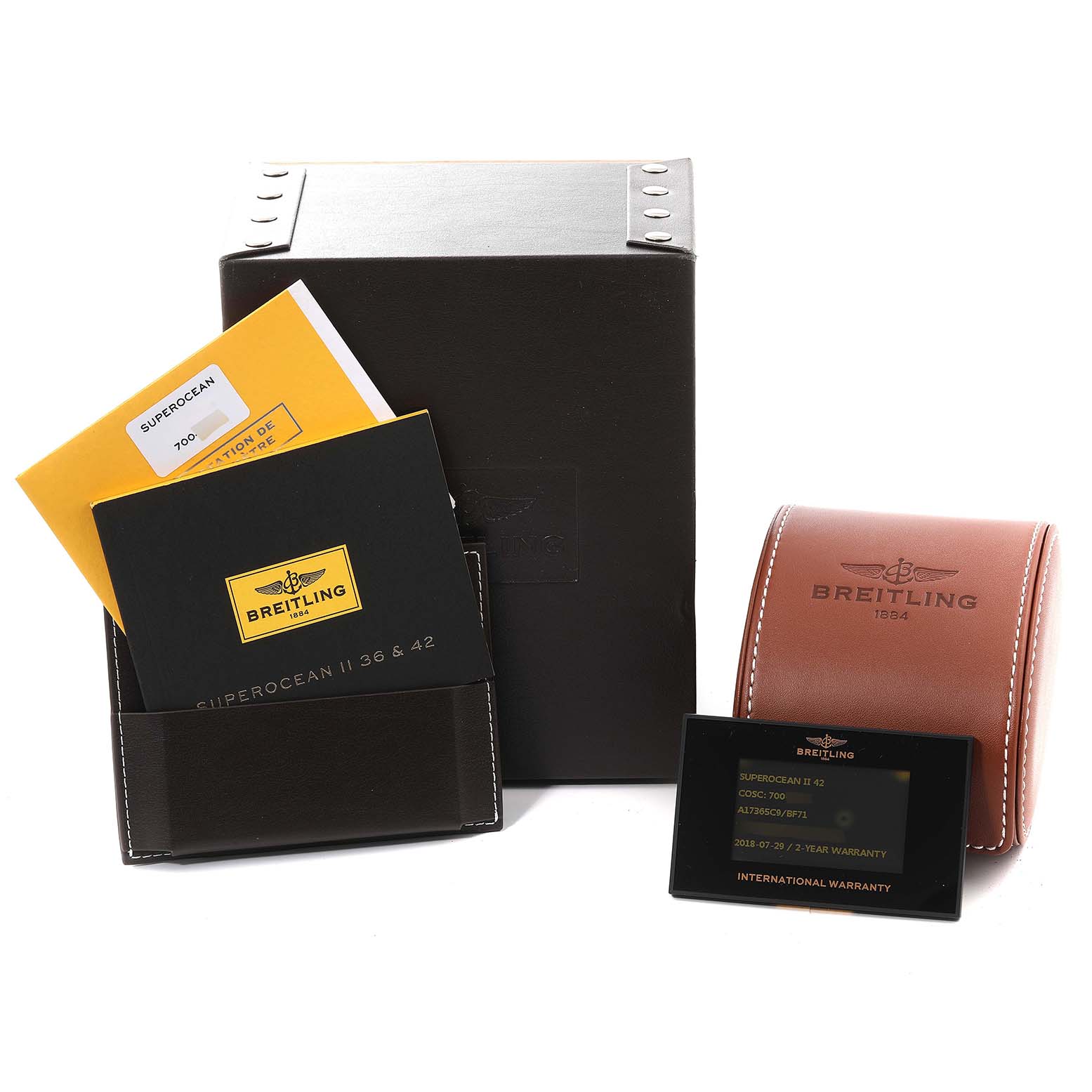 The image shows the box, warranty card, manual, and leather watch case for the Breitling Superocean A17365 Men's Stainless Steel Black Dial A17365 Men's Stainless Steel Black Dial model.