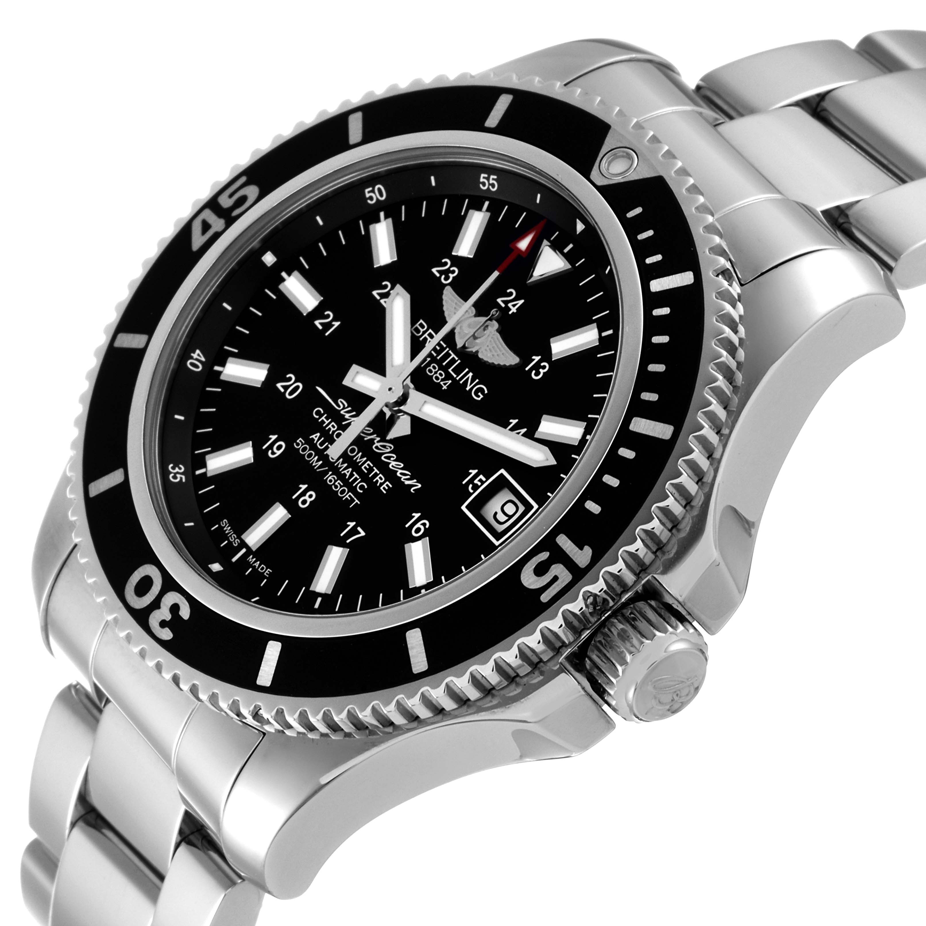 The Breitling Superocean A17365 Men's Stainless Steel Black Dial A17365 Men's Stainless Steel Black Dial watch is shown at an angled close-up view, highlighting the bezel, dial, and part of the bracelet.