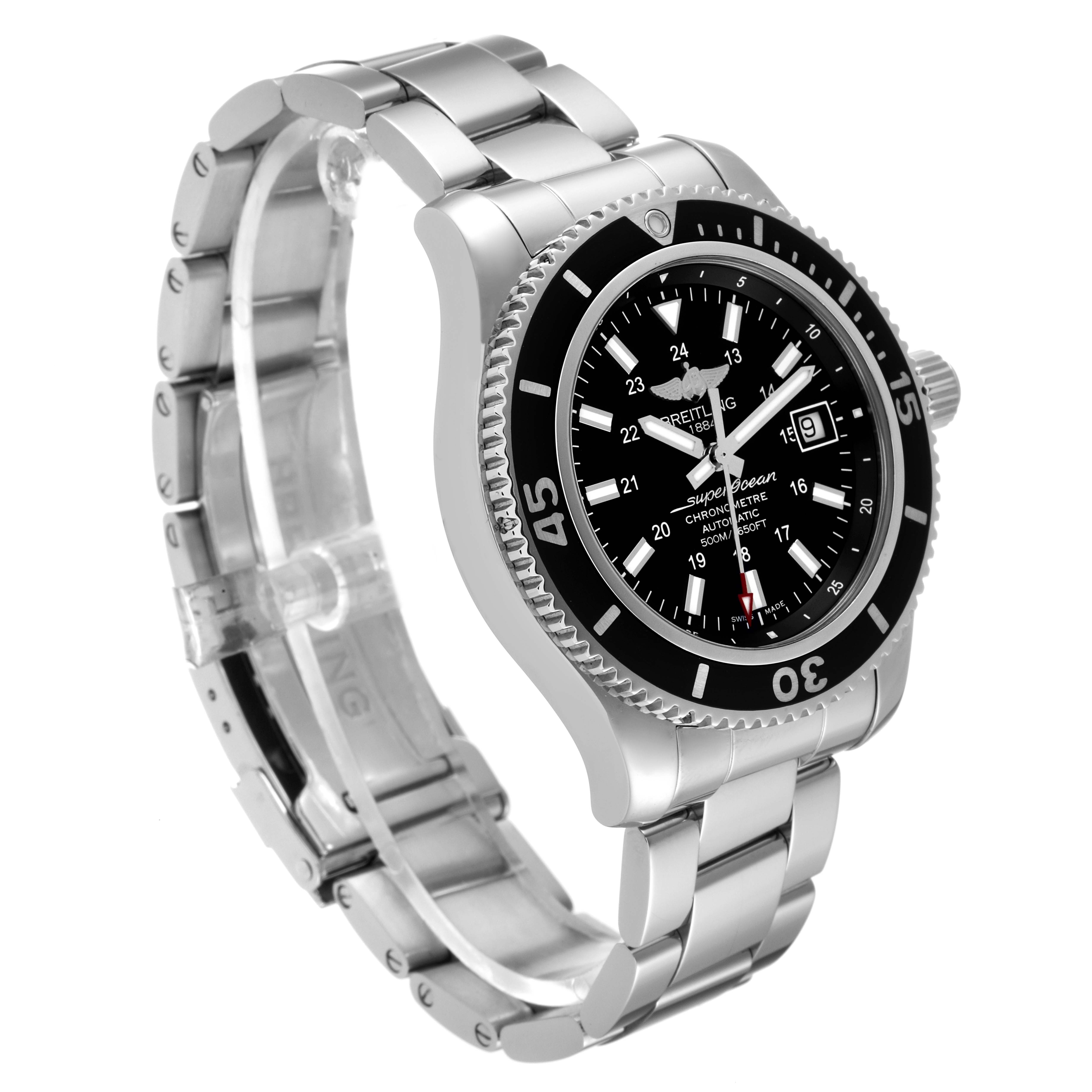 The image shows a side angle of a Breitling Superocean A17365 Men's Stainless Steel Black Dial A17365 Men's Stainless Steel Black Dial watch with a black dial, stainless steel case, and bracelet.