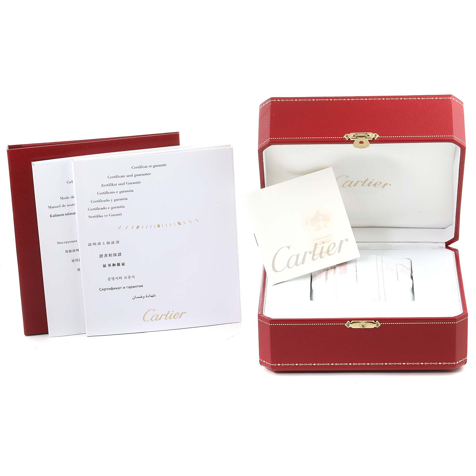 The image shows the accessories for the Calibre de Cartier model by Cartier, including a red watch box and several user manuals.