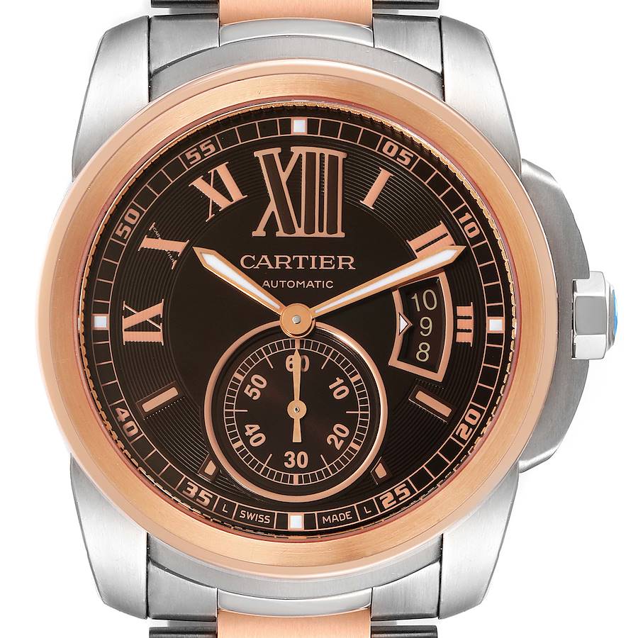 Cartier Calibre Brown Dial Rose Gold Steel Mens Watch W7100050 Box Papers SwissWatchExpo
