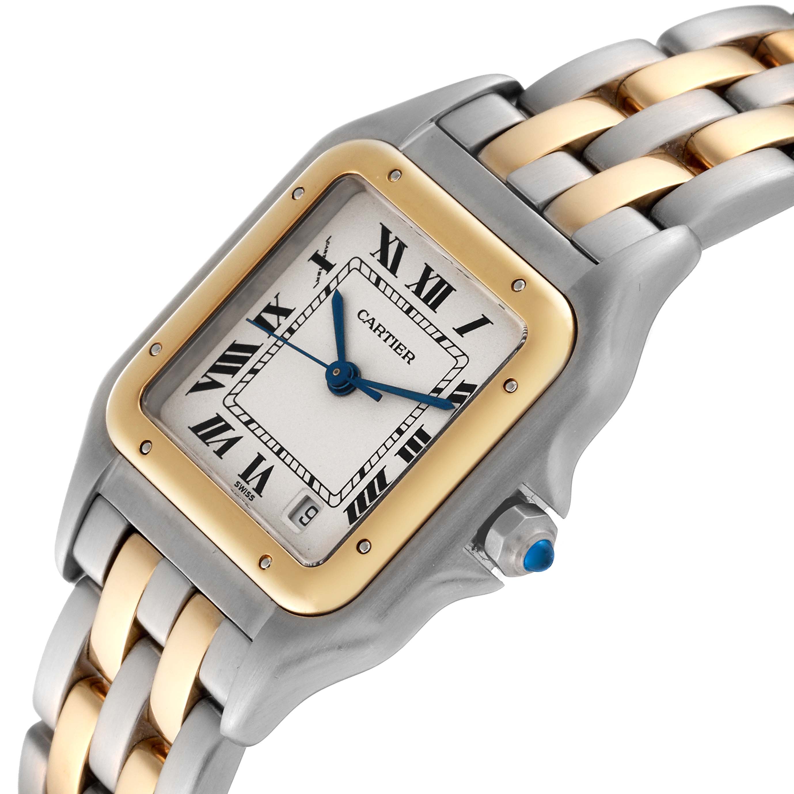 This image shows a close-up angle of the Cartier Panthere W25028B6 Women's Steel and Gold (two tone) Silver Dial W25028B6 Women's Steel and Gold (two tone) Silver Dial watch, highlighting the face, bezel, and part of the bracelet.