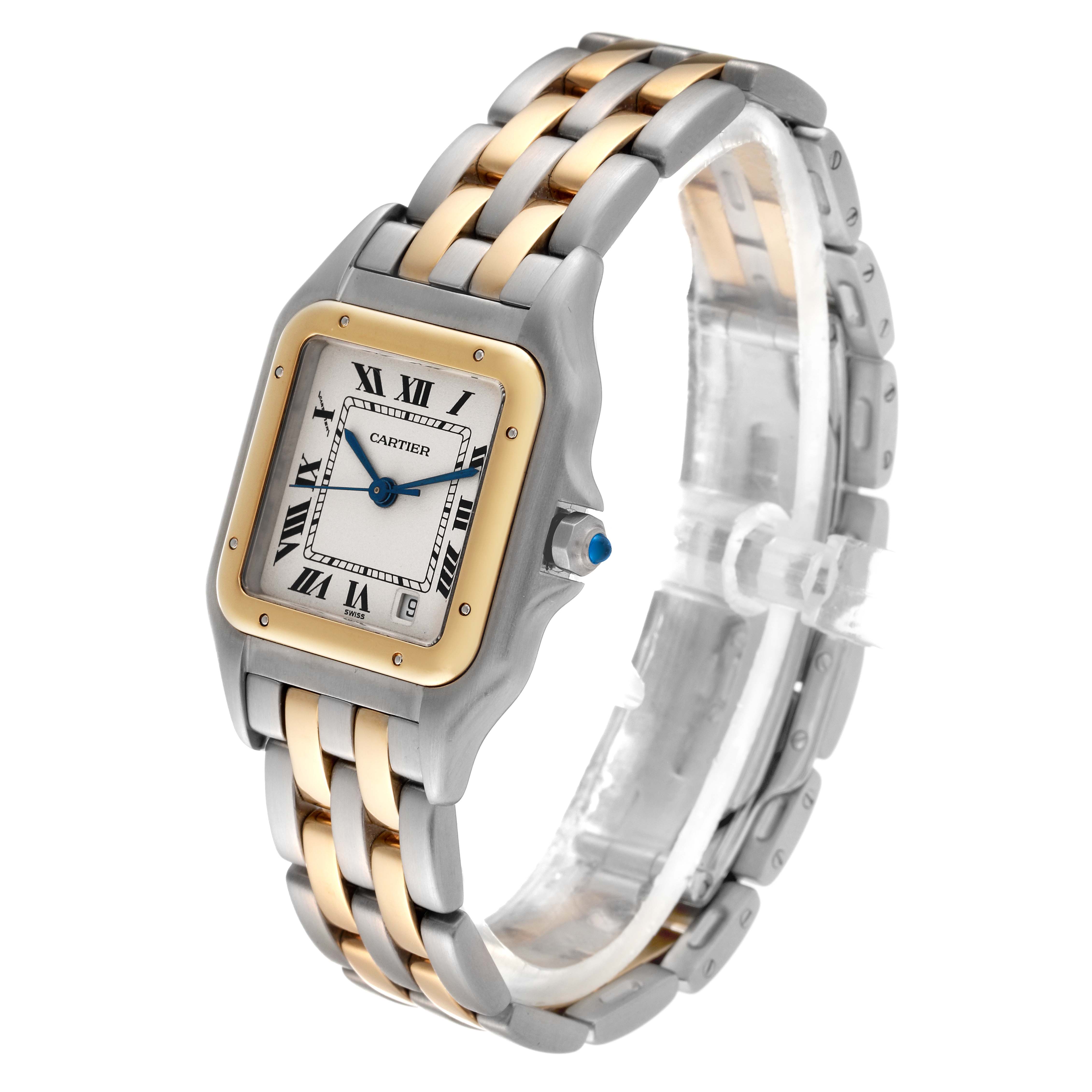 The image shows a Panthere model by Cartier at a slight angle, highlighting its silver and gold bracelet, square face, roman numerals, and blue accents.