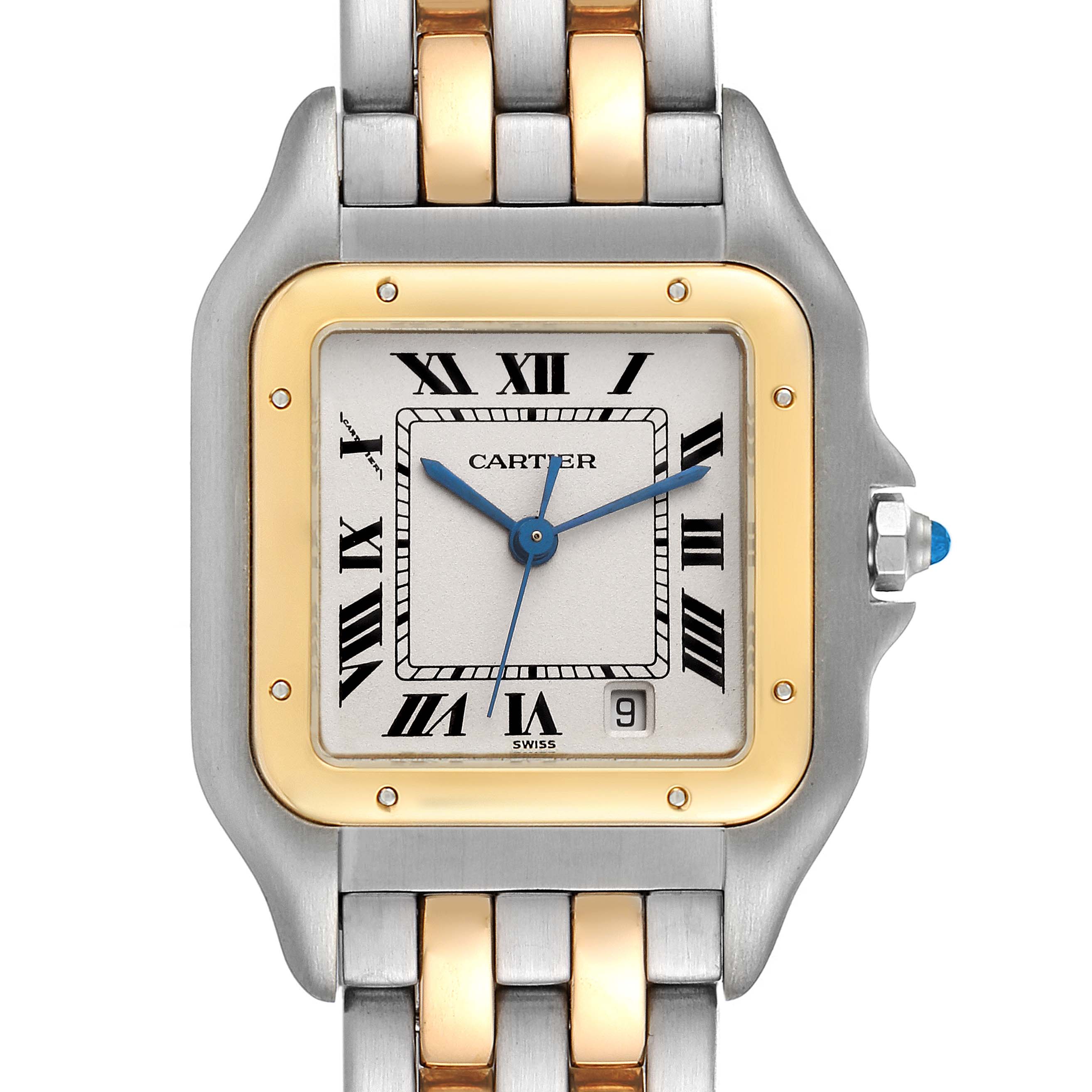 This image shows a close-up of the Cartier Panthere W25028B6 Women's Steel and Gold (two tone) Silver Dial W25028B6 Women's Steel and Gold (two tone) Silver Dial watch face, including the dial, crown, and part of the two-tone bracelet.