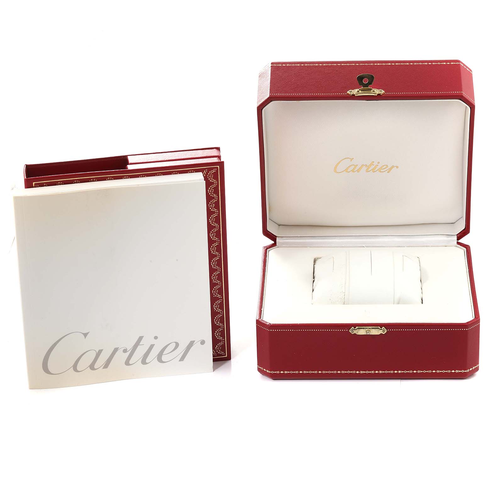 The image shows the open watch box and a booklet for the Cartier Panthere W25028B6 Women's Steel and Gold (two tone) Silver Dial W25028B6 Women's Steel and Gold (two tone) Silver Dial model.